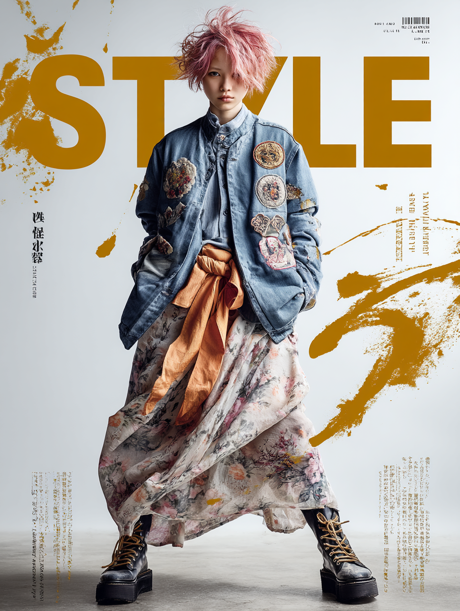 Person with pink hair wearing a patched denim jacket and floral skirt on a bold fashion magazine cover.