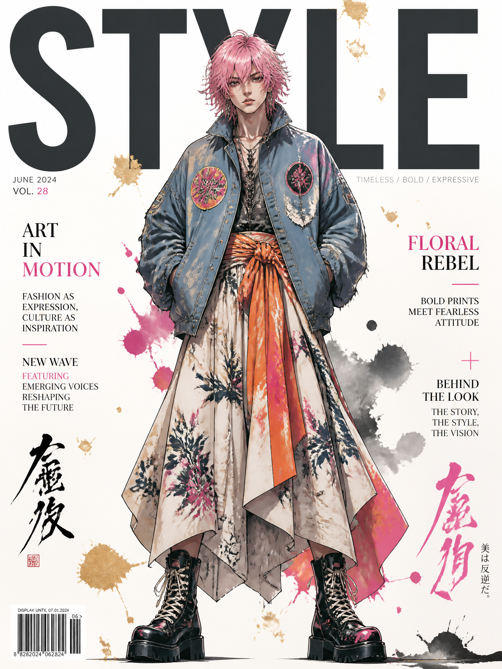Stylish figure with pink hair in a floral-printed skirt and denim jacket on a fashion magazine cover.