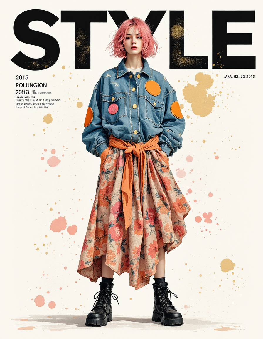 Young model with pink hair wearing an oversized denim jacket with patches and a floral wrap skirt, black combat boots, aga...