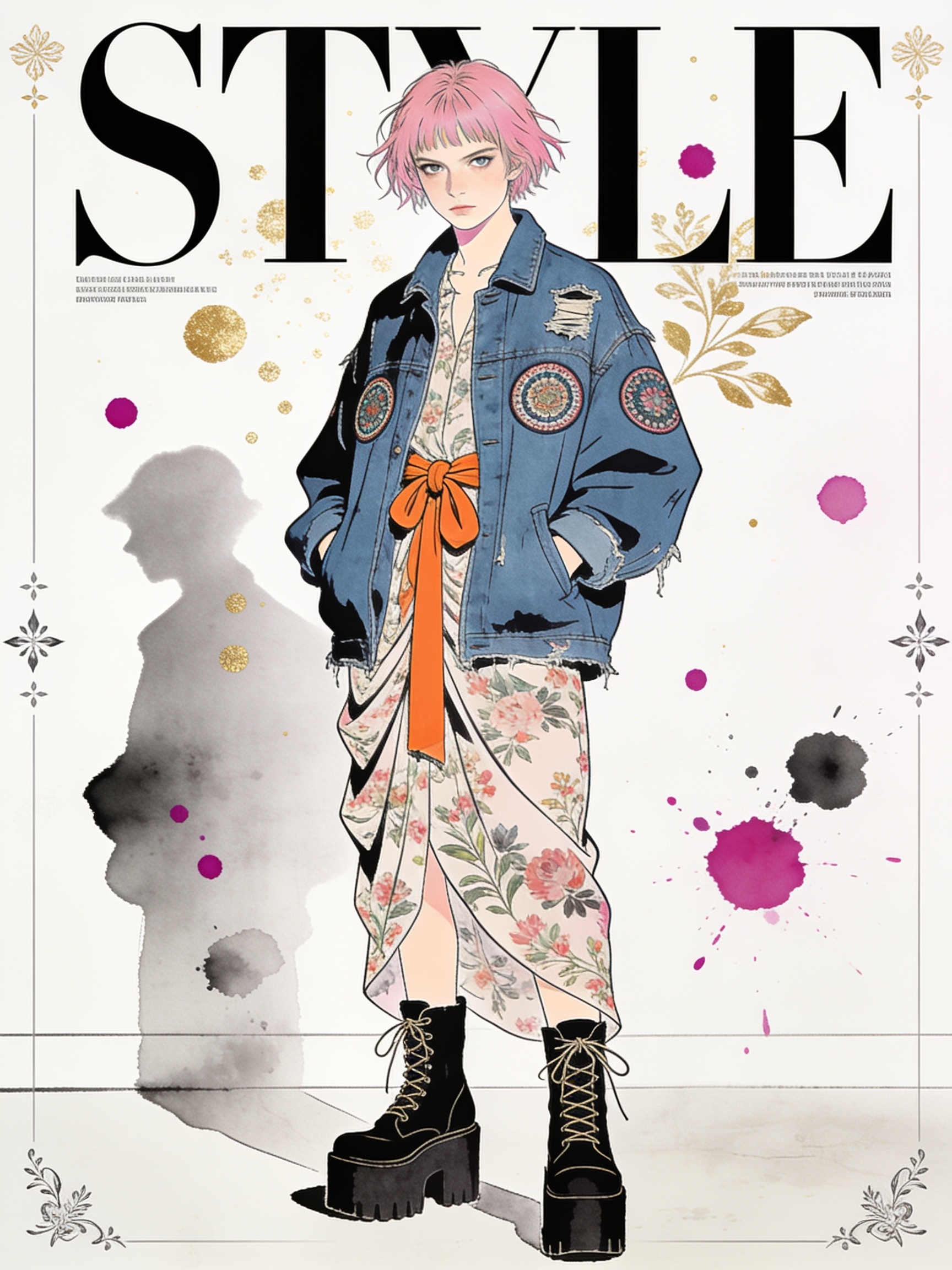 Stylish figure with pink hair in a patched denim jacket over a floral dress and chunky boots on a STYLE magazine cover.