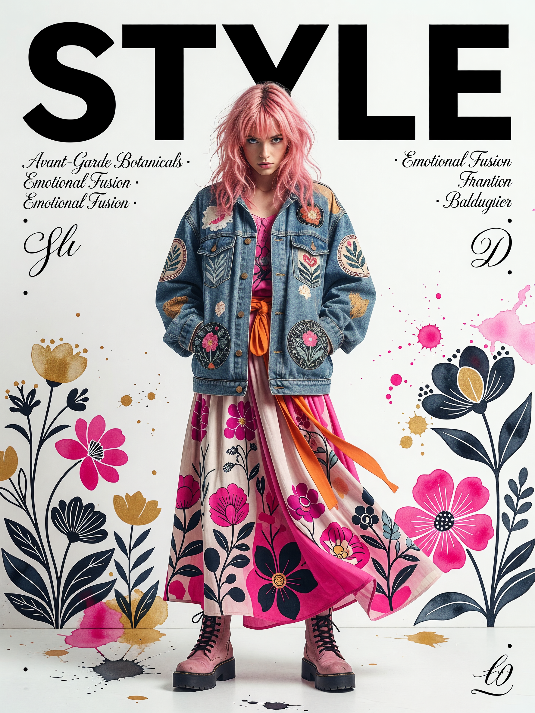 Trendy model with pink hair in a decorated denim jacket and floral skirt on a bold magazine cover.