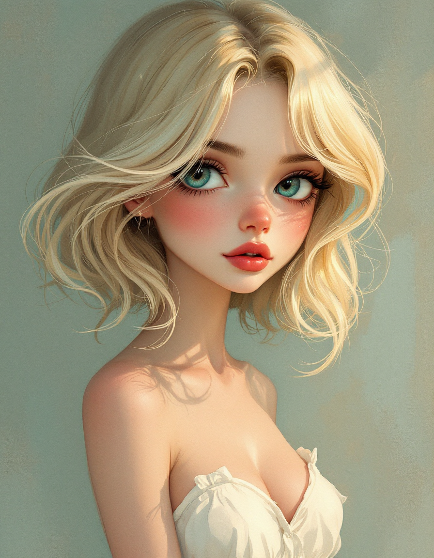 Cartoon-style blonde woman with short wavy hair and blue eyes, wearing a white strapless top.