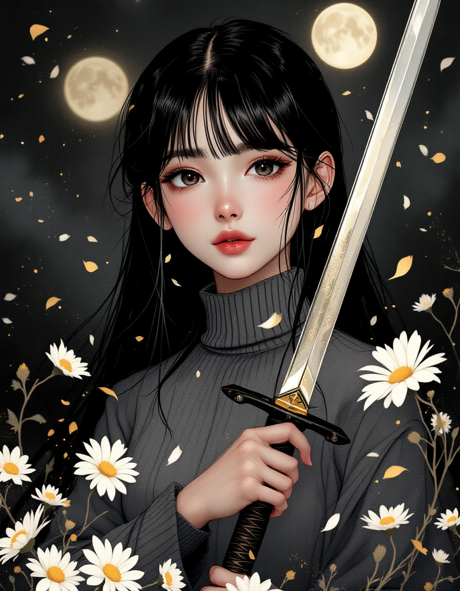 Anime-style portrait of a young woman with a sword, dark hair, gray turtleneck, daisies, and glowing moons in the background.