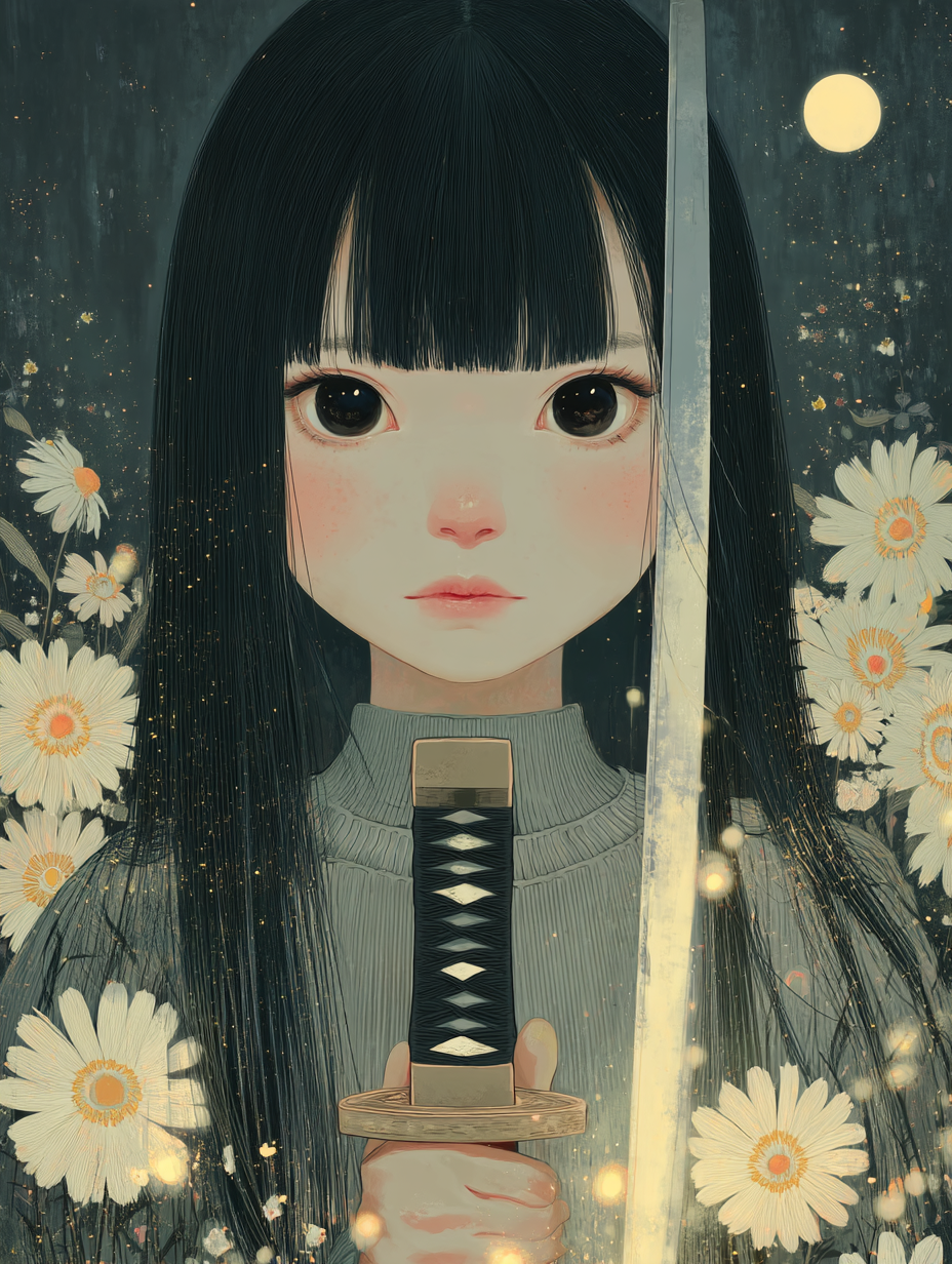 Young anime girl with long black hair holding a katana among daisies in a moonlit scene.