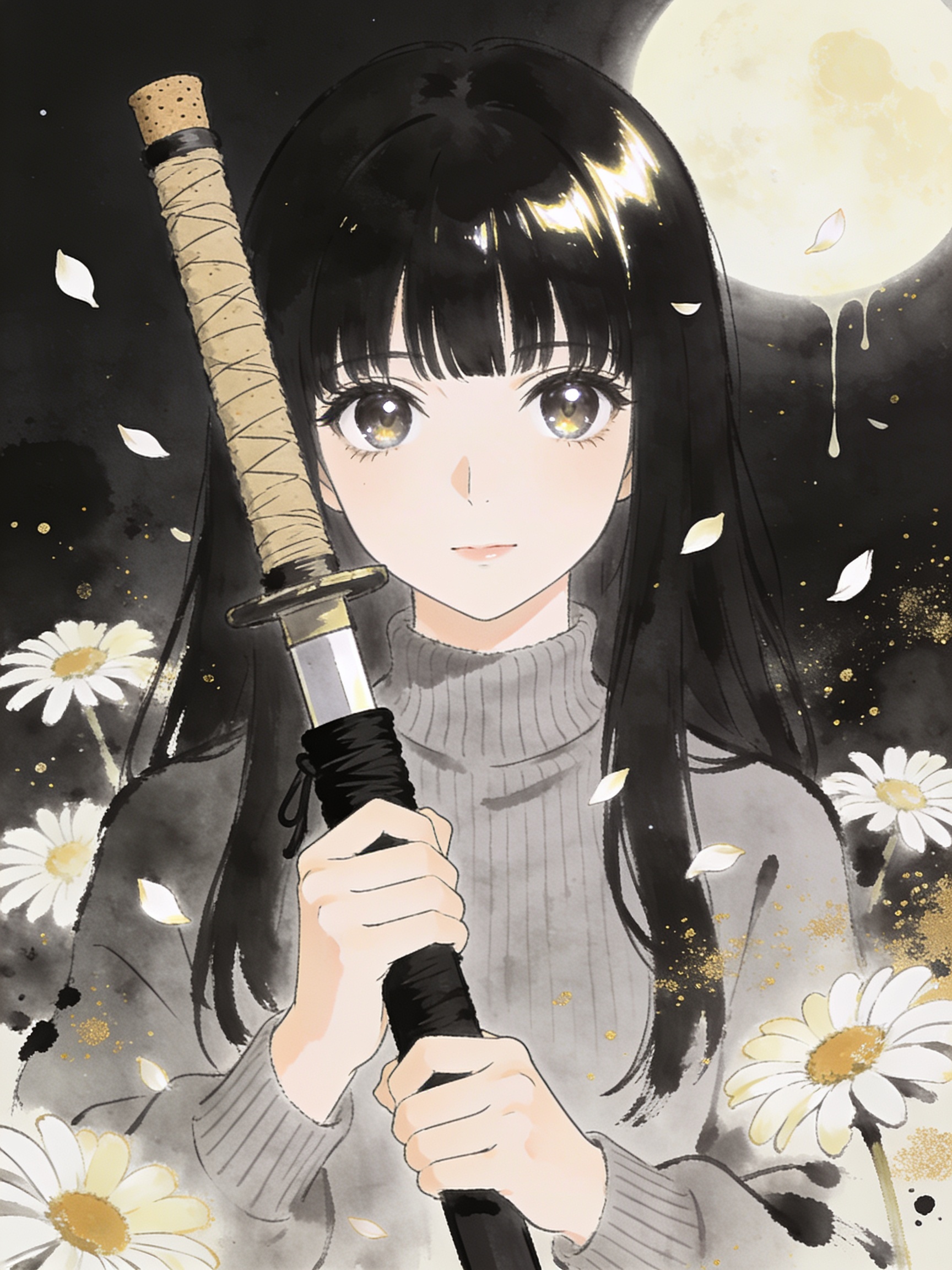 Anime girl with long black hair holds a katana under a full moon, daisies and petals around her.