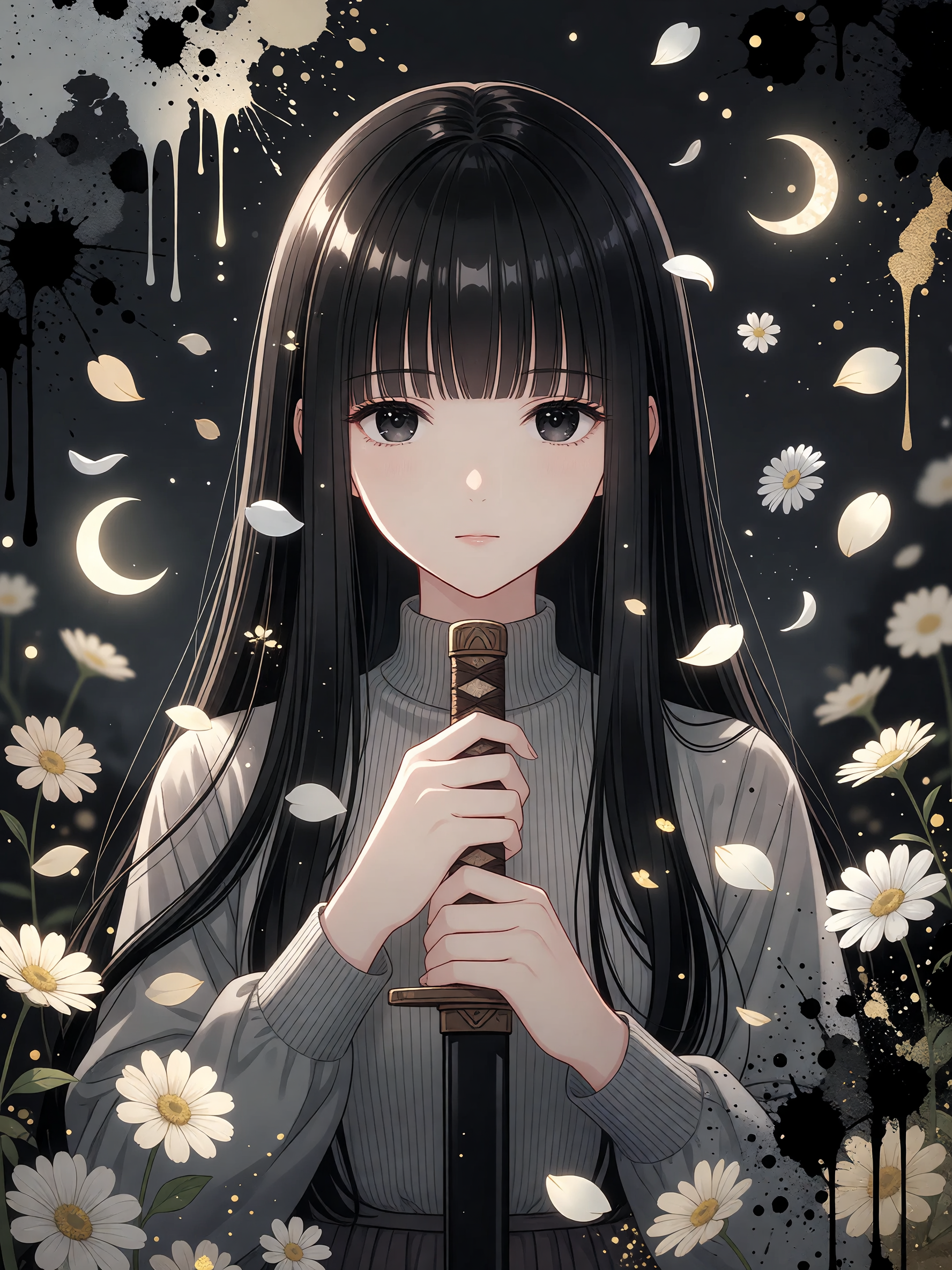 Anime-style girl with long black hair holding a sword under a night sky with daisies and falling petals