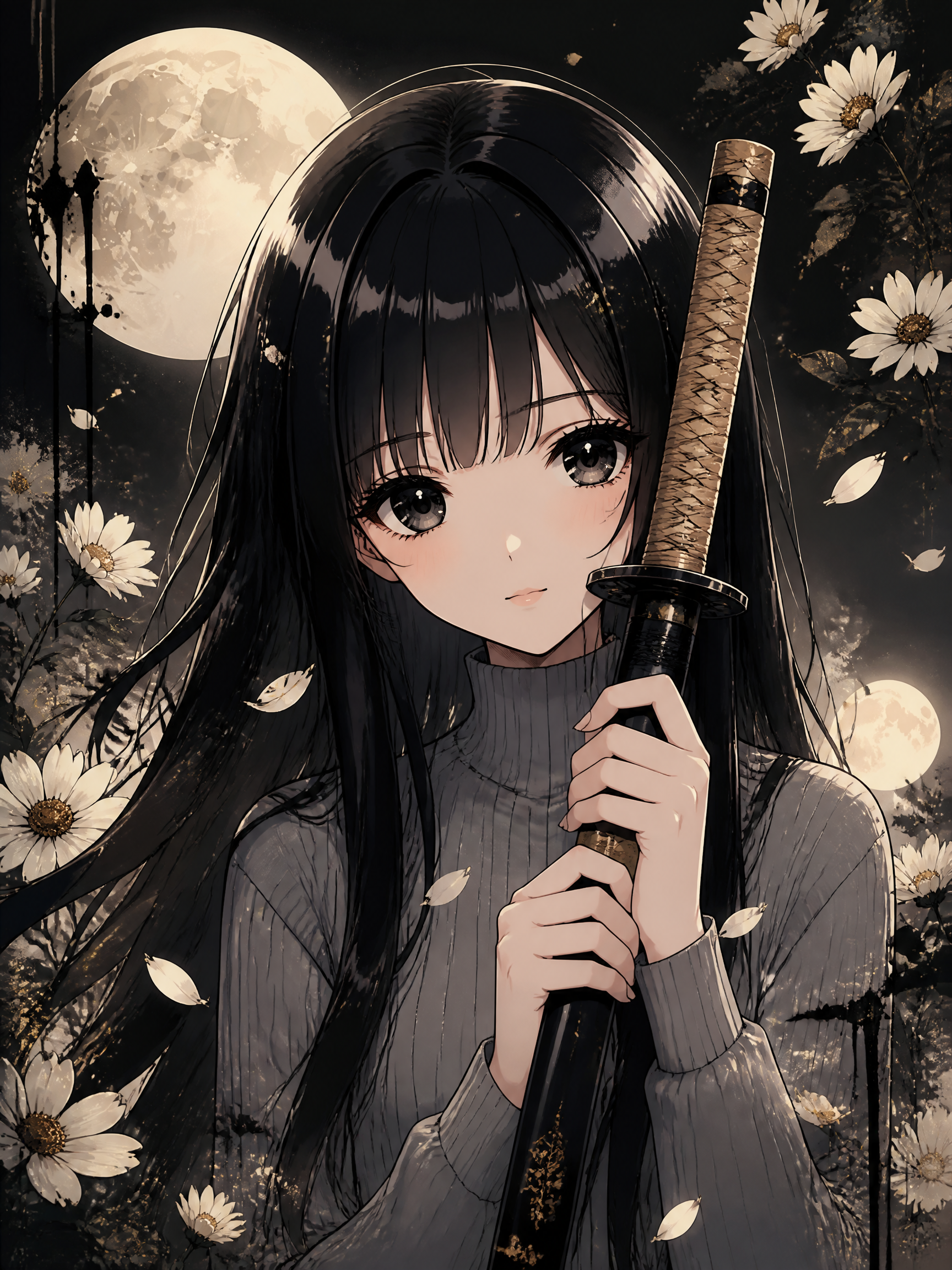 Anime-style girl with long black hair holding a katana, moonlit night with daisies in the background