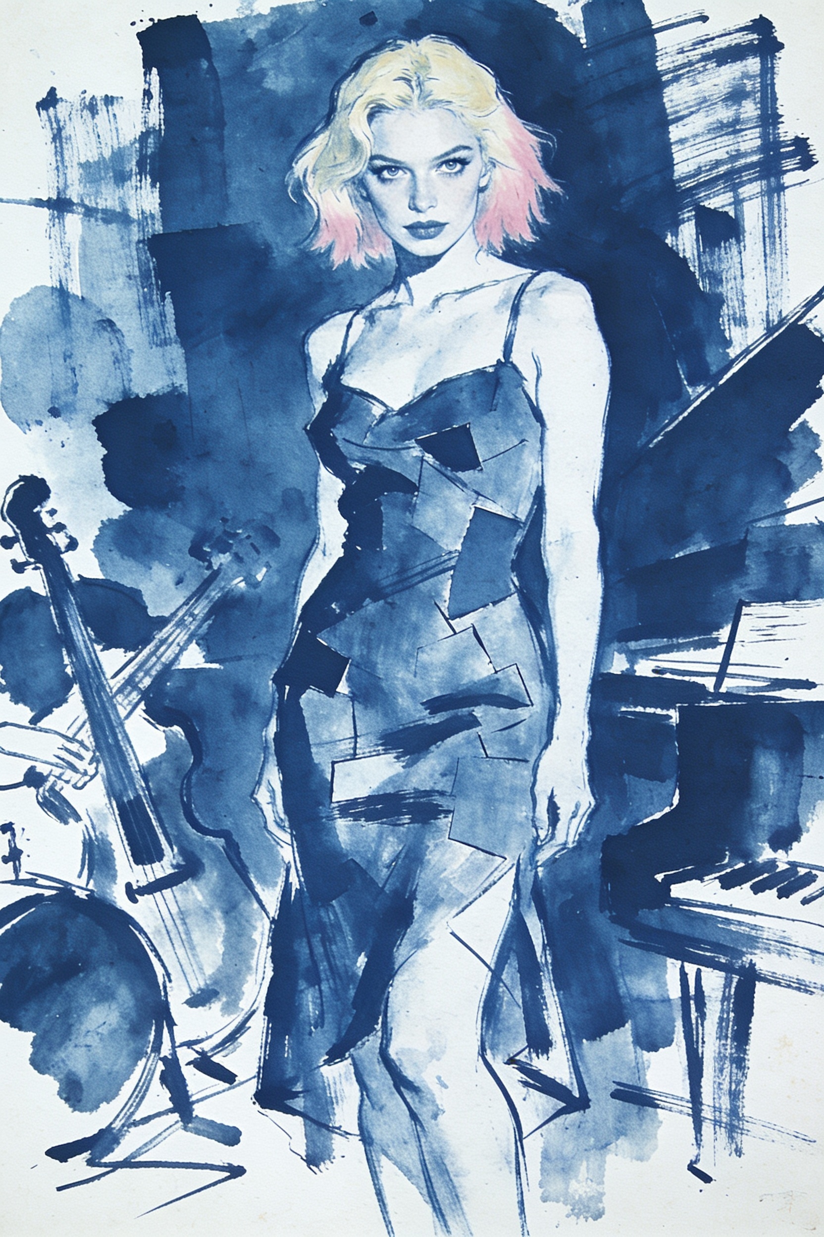 Stylized blue-toned watercolor illustration of a blonde woman in a patchwork dress standing on a stage with guitar and pia...