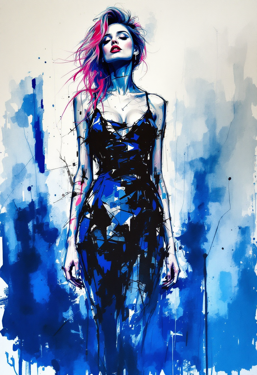 Woman in a black dress with blue and pink hair, set against a blue watercolor abstract background.