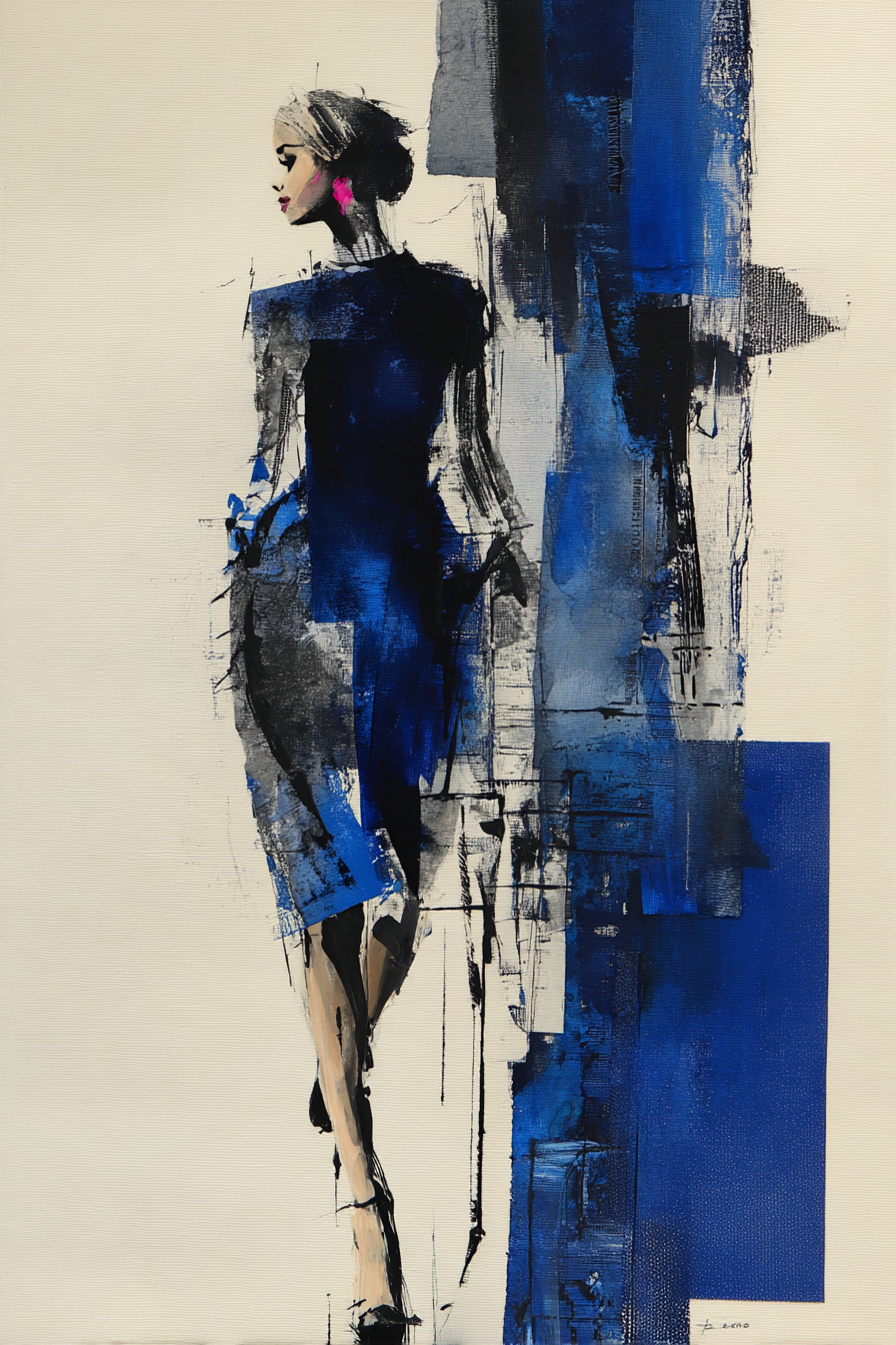 Abstract fashion illustration of a woman in a dark blue dress with geometric blue blocks on a cream background.
