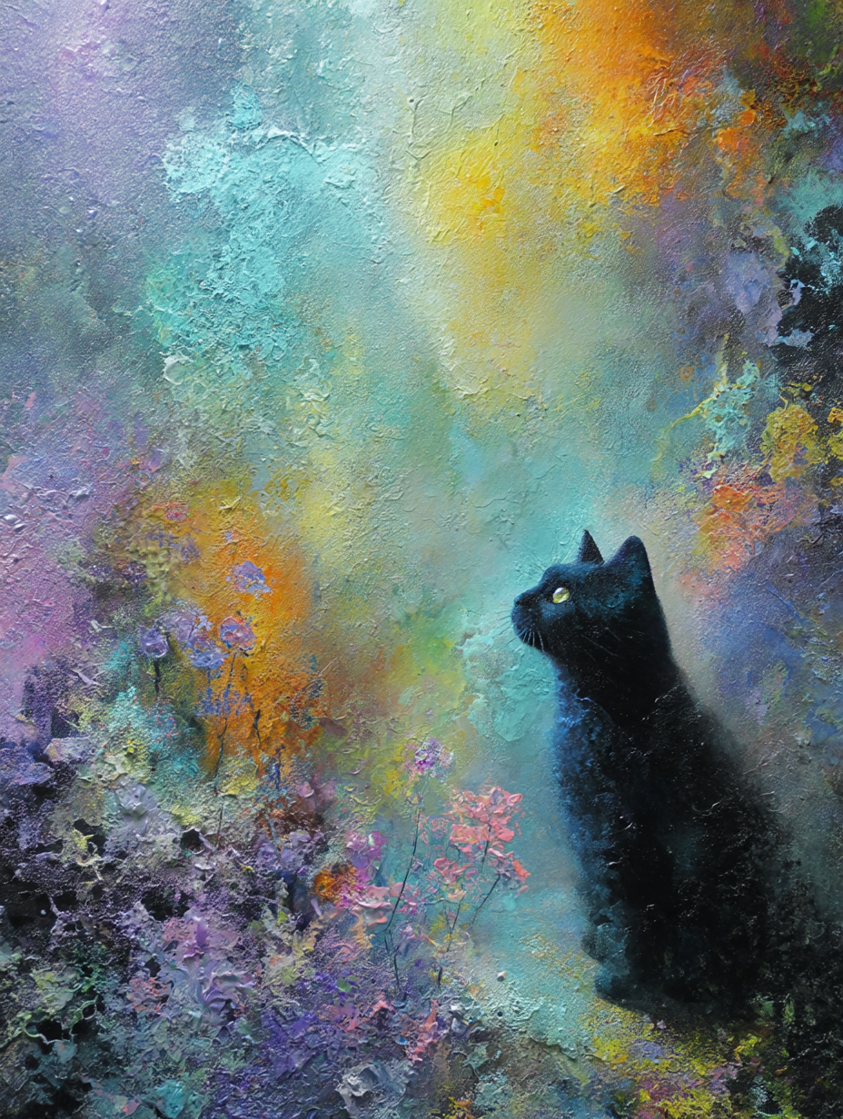 Black cat in a colorful abstract garden with vibrant hues and texture.