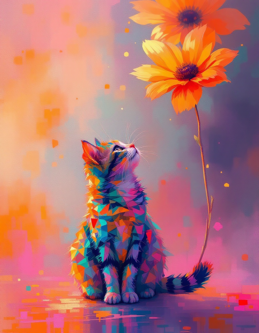 Colorful low-poly cat looking up at a bright orange sunflower.