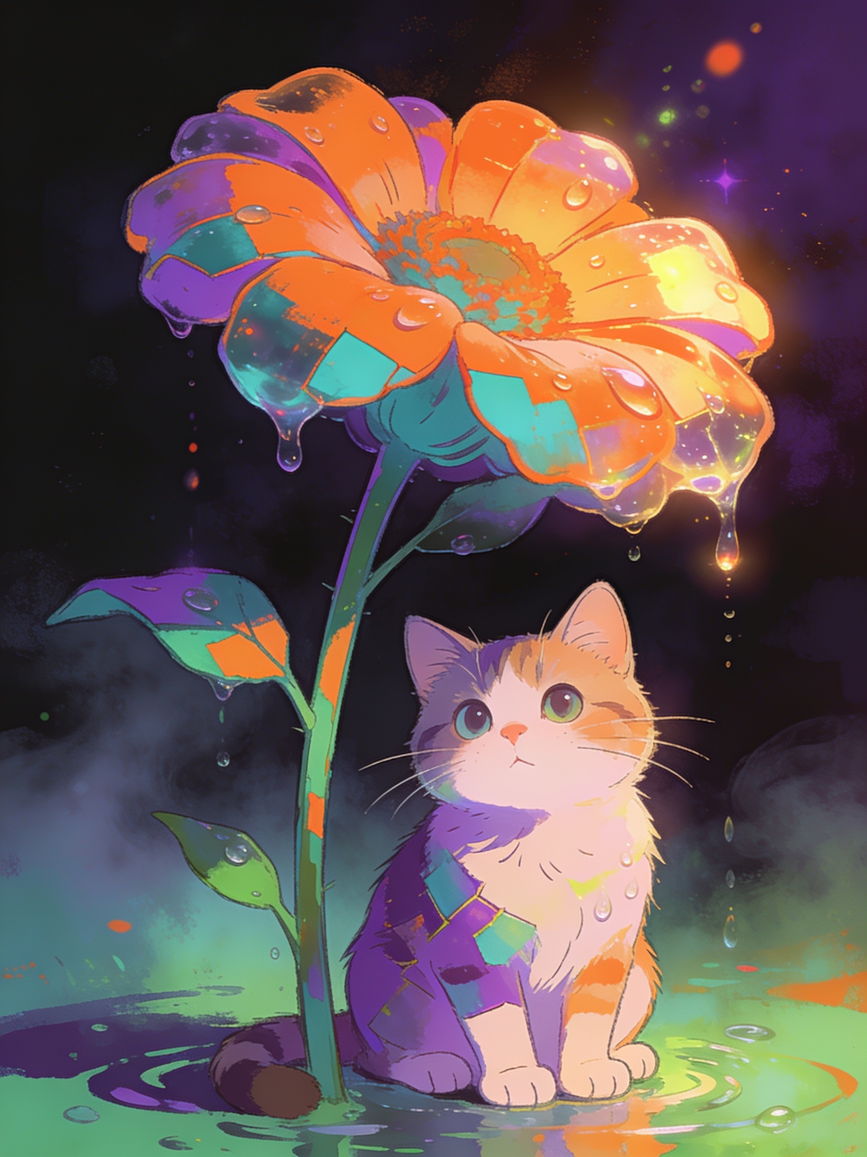 Colorful cat beside a large neon flower with water droplets on dark, dreamy background.