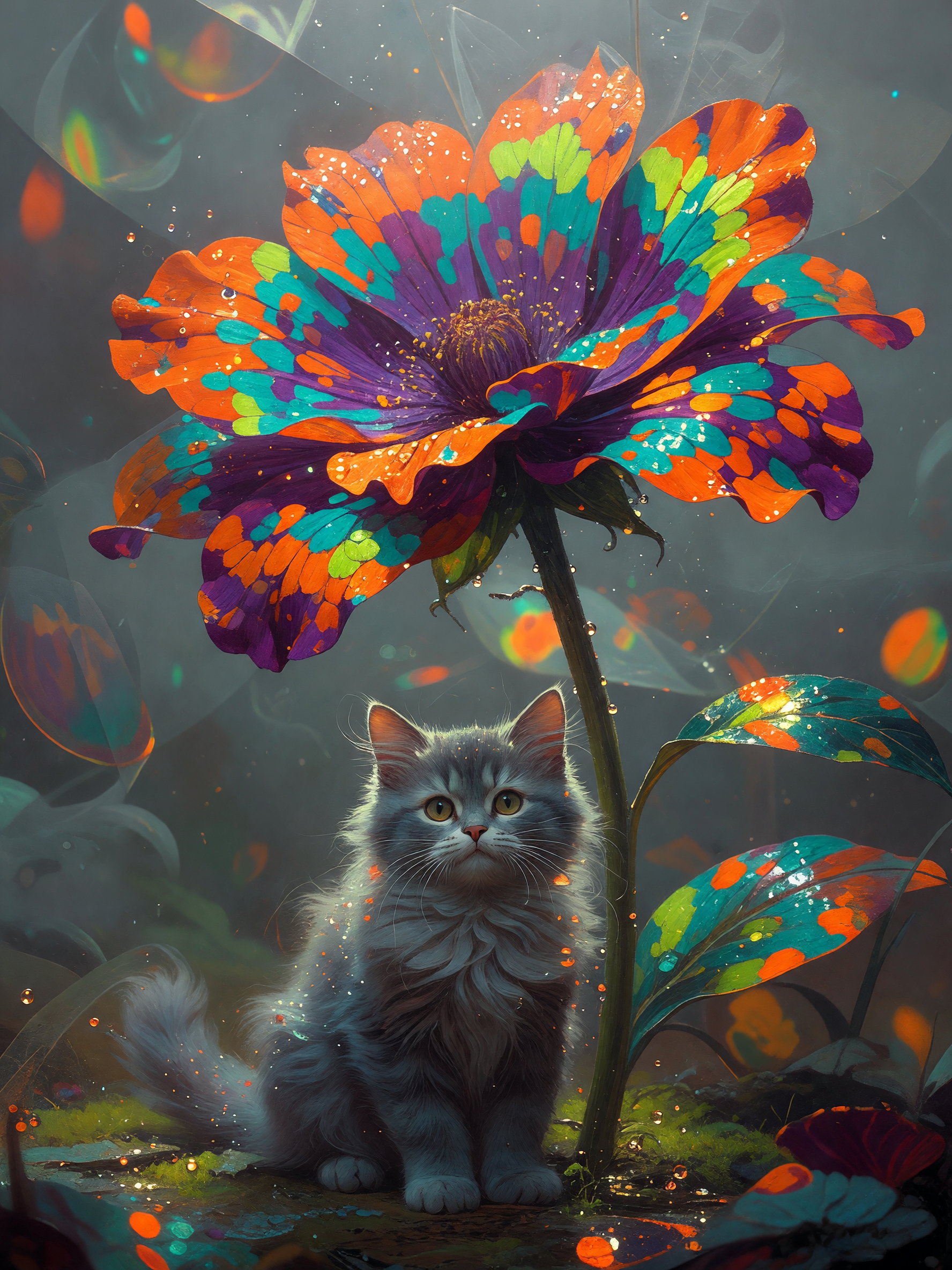 Fluffy gray kitten under a vibrant multicolored flower in a magical garden.