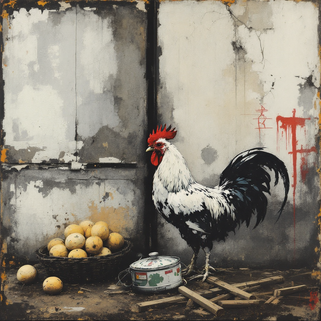 White rooster with red comb beside a basket of eggs and a cooking pot in a weathered, rustic wall setting.