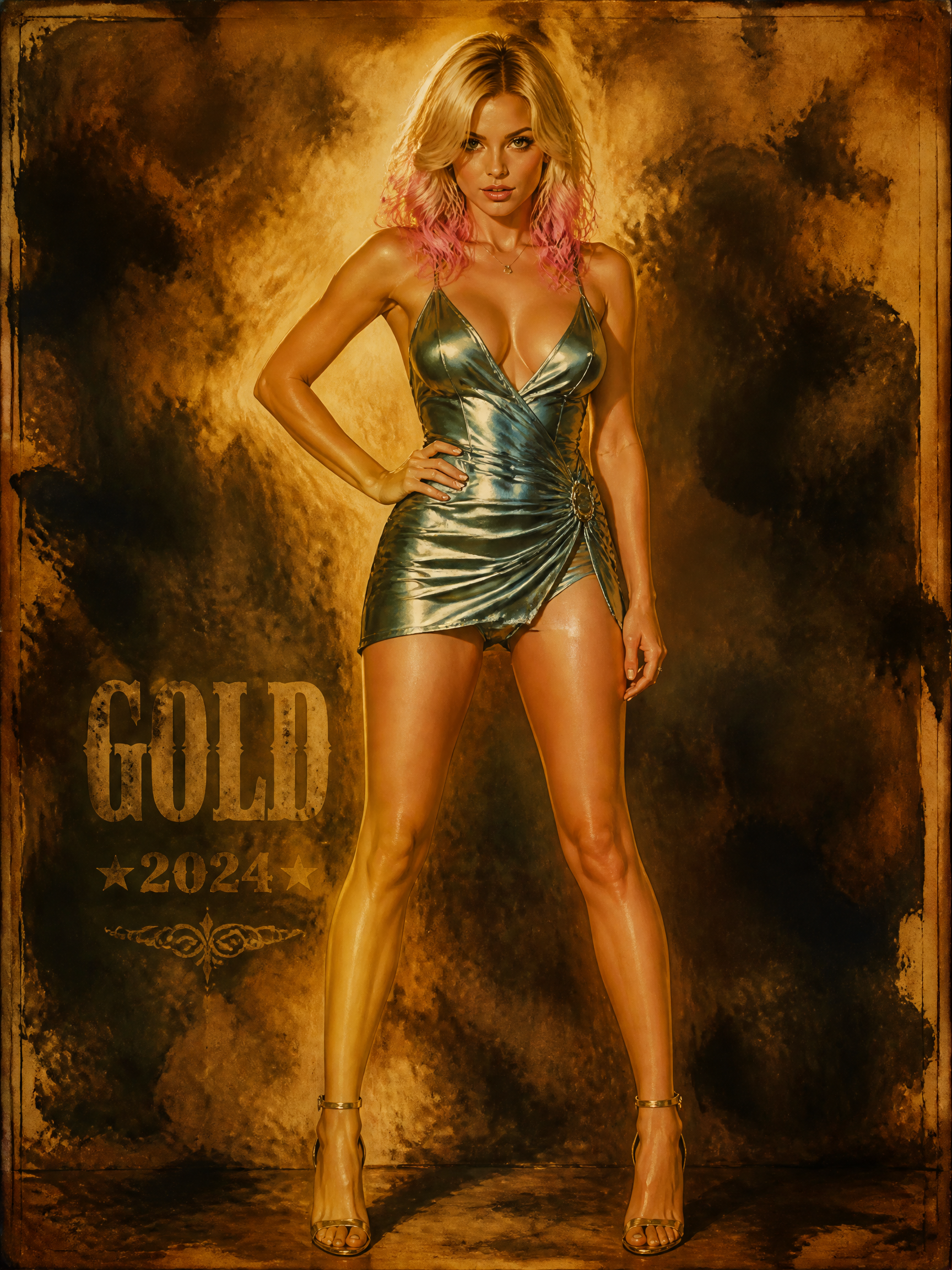 Glamour model in metallic gold mini dress with pink ombre hair against a smoky gold backdrop.