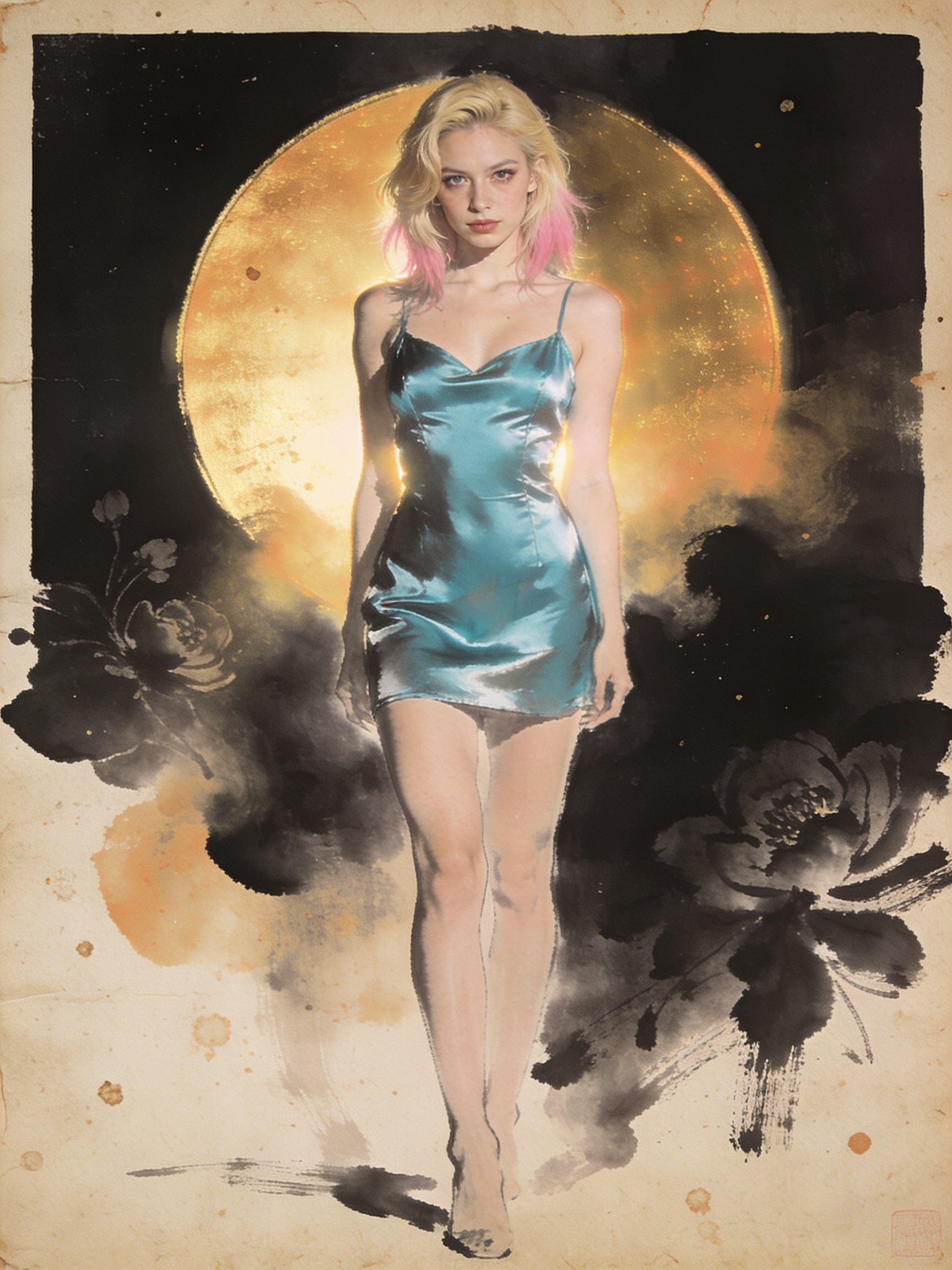 Stylized illustration of a blonde woman in a blue satin mini dress with a golden moon backdrop.