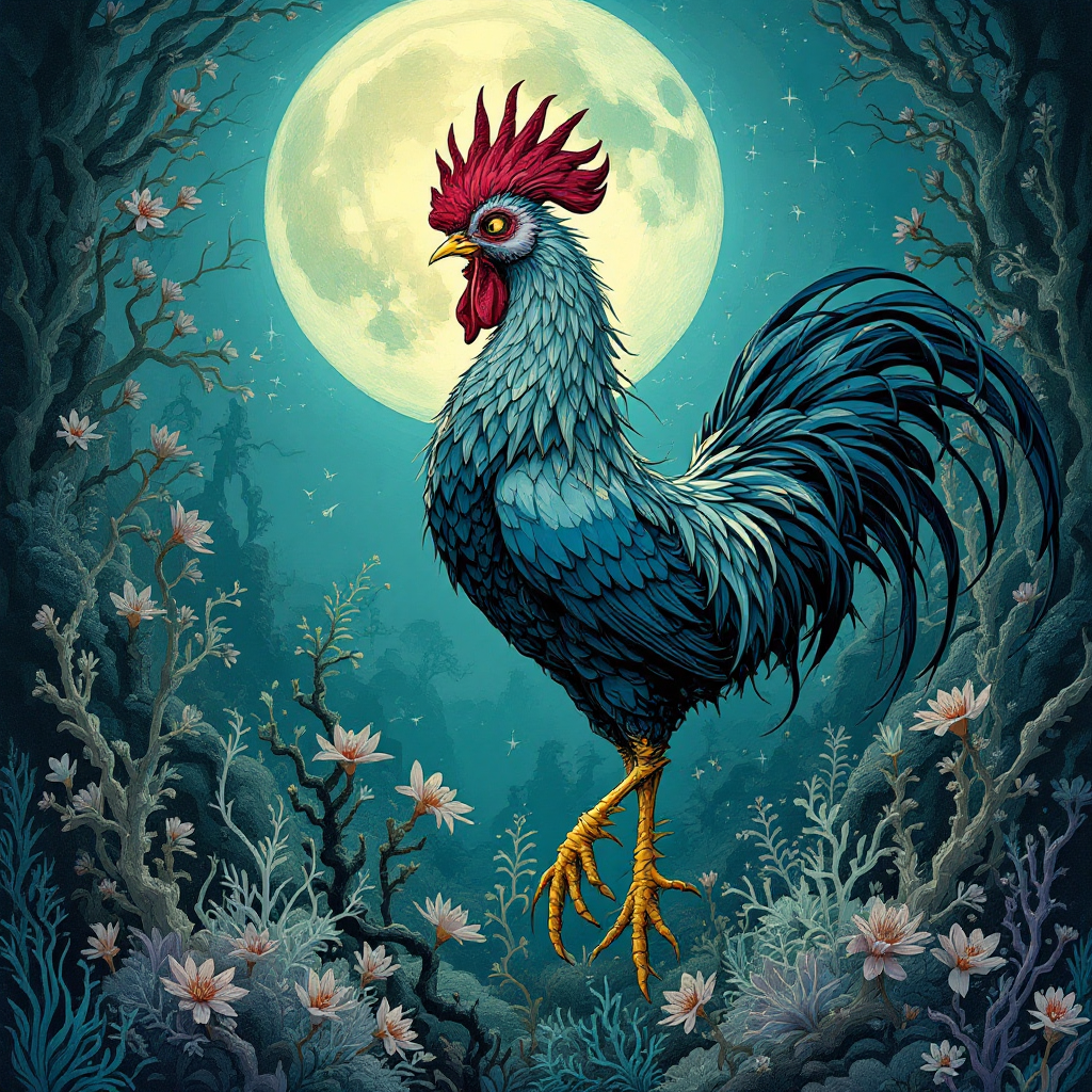 Blue rooster in a moonlit forest, a vibrant fantasy illustration with lush foliage.