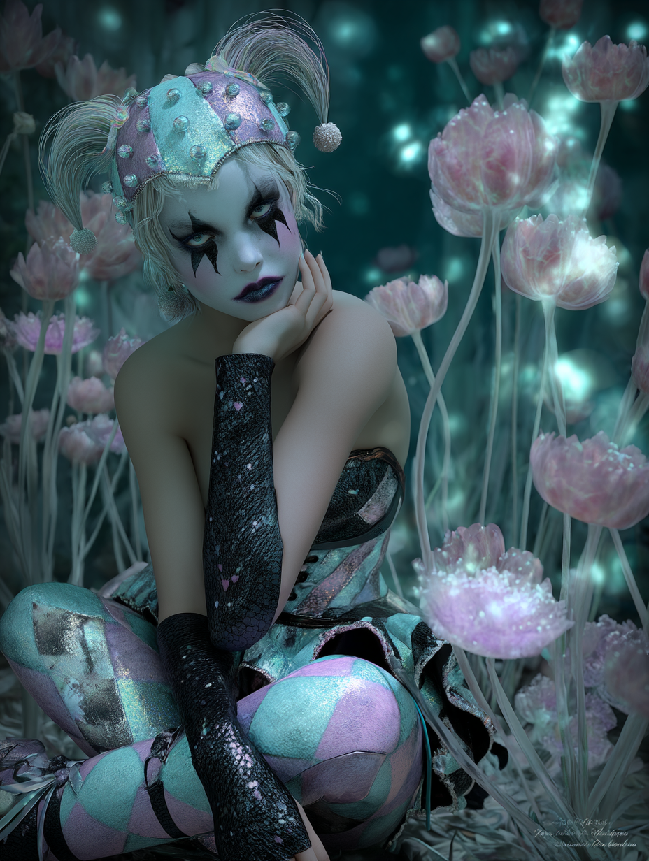 Gothic harlequin jester with dark clown makeup sits among glowing bioluminescent pink flowers in a moody dark fantasy land...