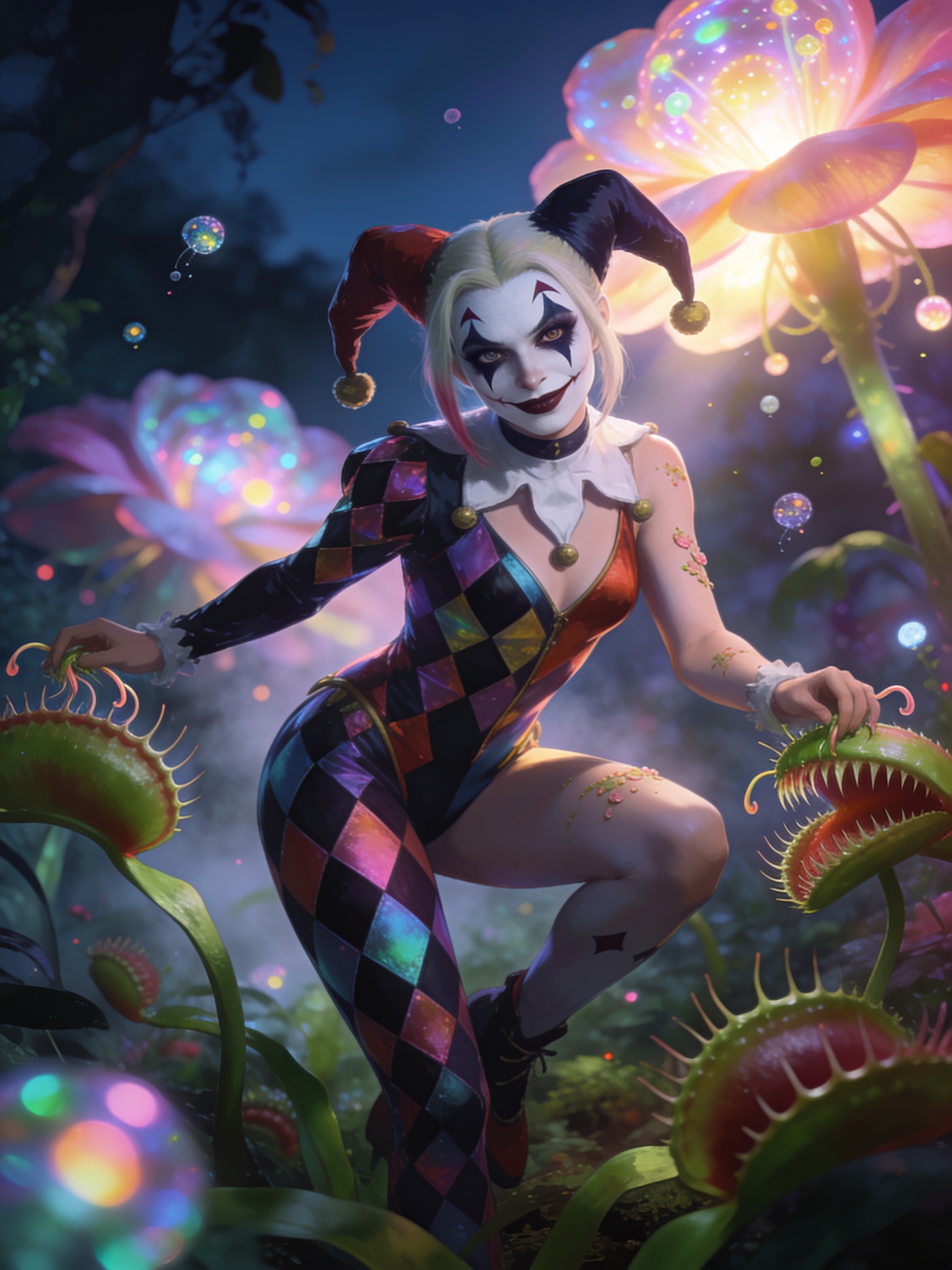 Harley Quinn-inspired female jester crouches among giant venus flytraps in a magical glowing night forest with bioluminesc...