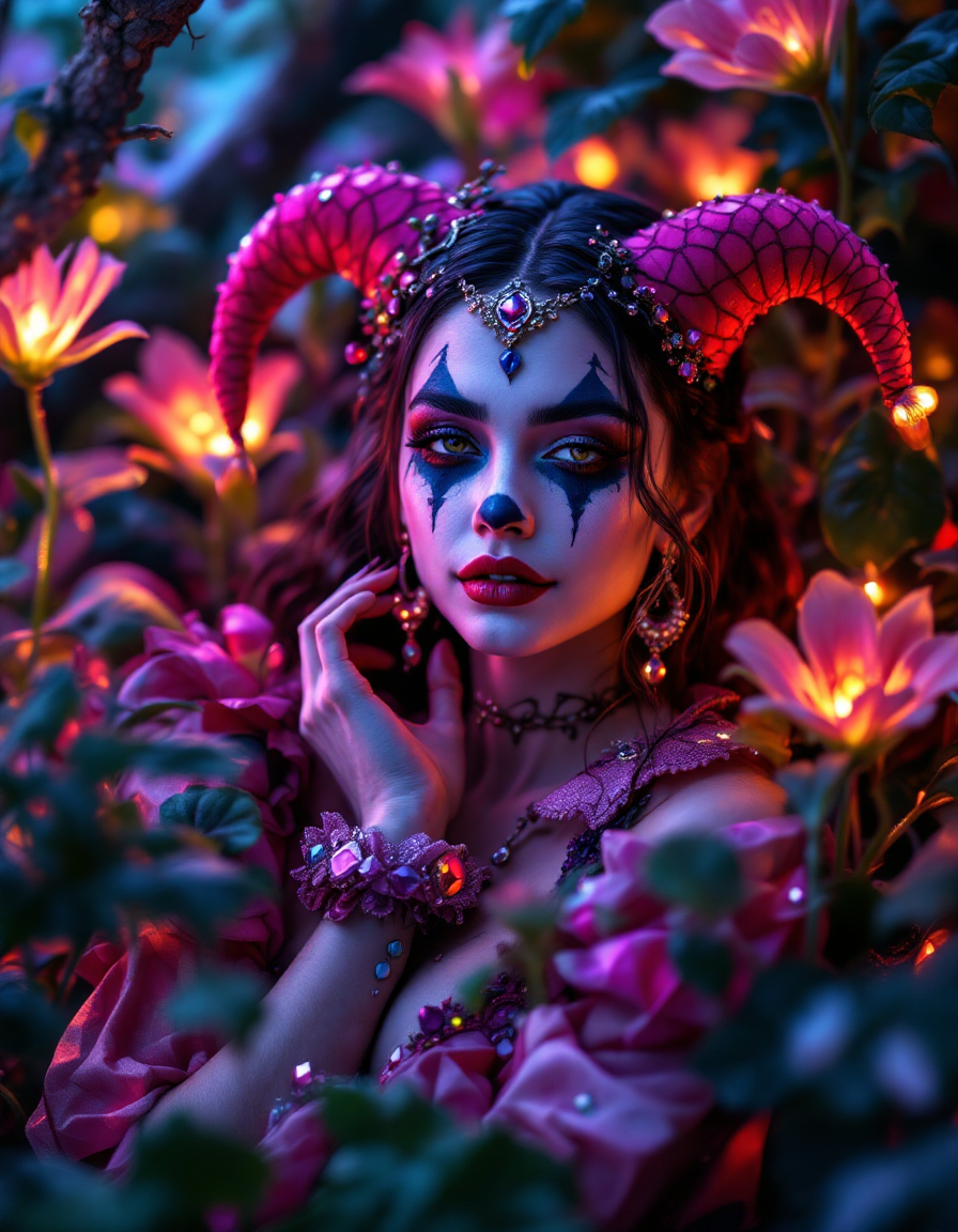 Fantasy demon clown woman with pink ram horns, surrounded by glowing magical flowers in a moody dark enchanted garden