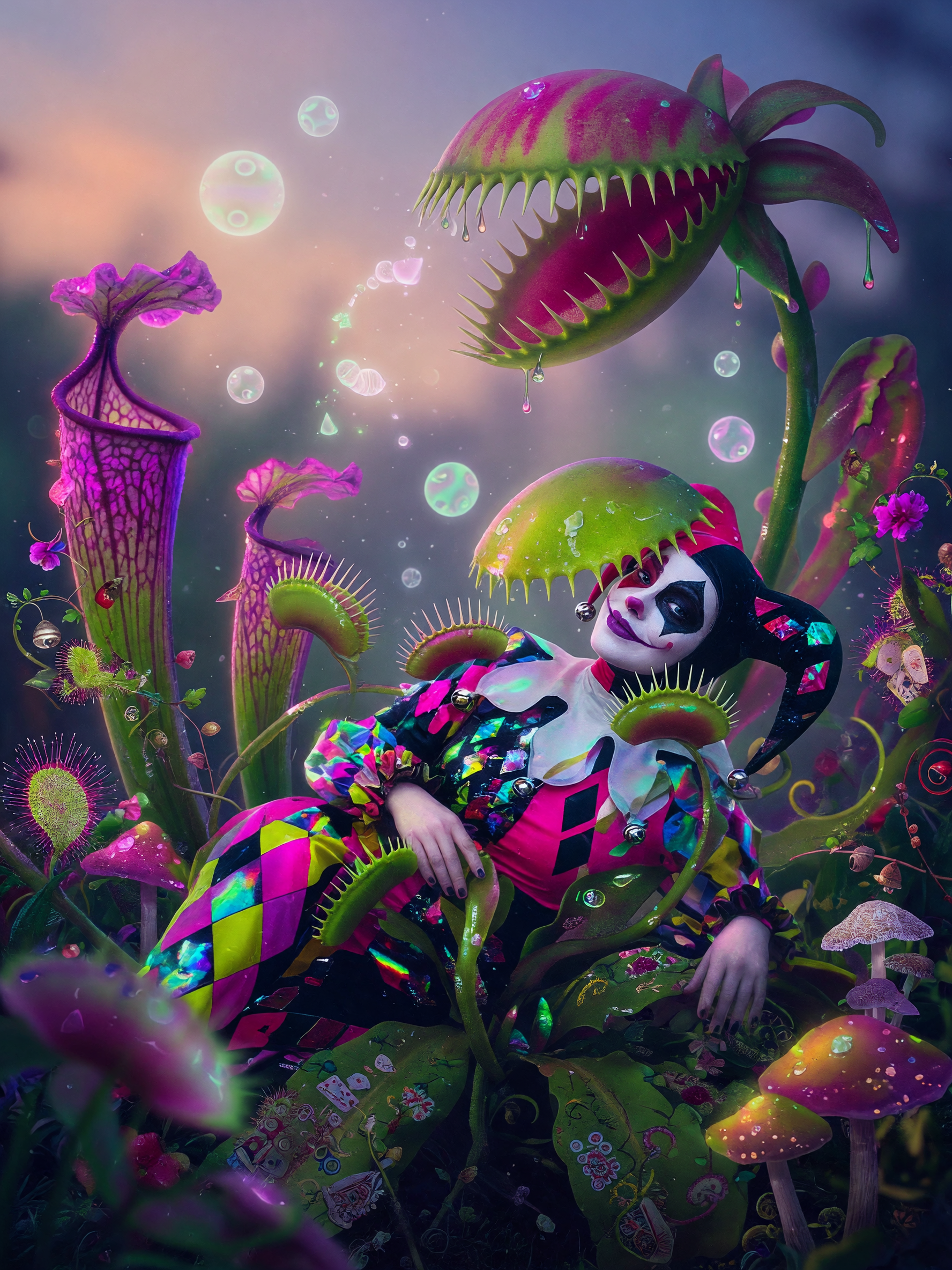 Whimsical harlequin jester reclines among giant carnivorous plants, glowing mushrooms, and iridescent bubbles in a magical...