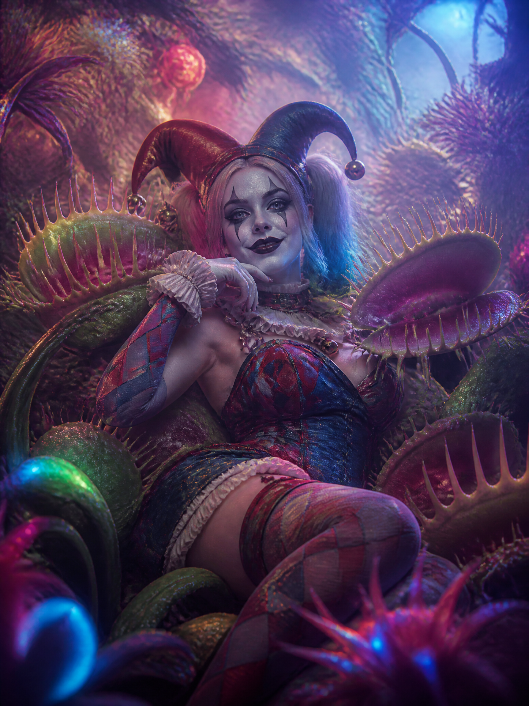 Fantasy art of Harley Quinn in a harlequin jester outfit, reclining among giant glowing Venus flytraps in a neon magical j...