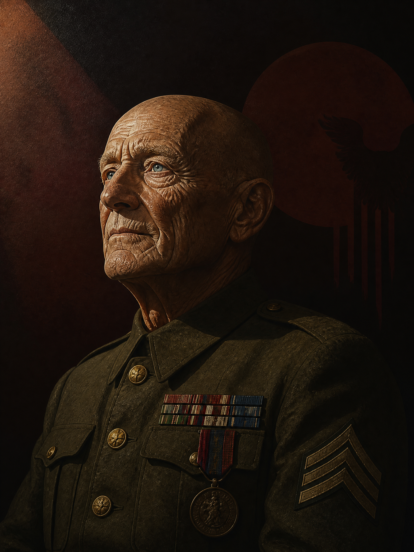Solemn portrait of an elderly decorated military veteran in an olive uniform, gazing thoughtfully, with a stylized patriot...