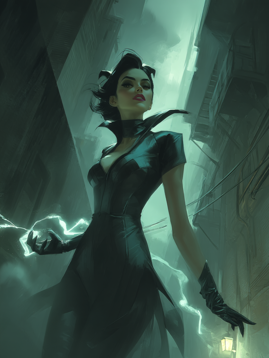 Digital painting of a powerful female villain conjuring glowing teal lightning while standing in a foggy, dark city alleyway.