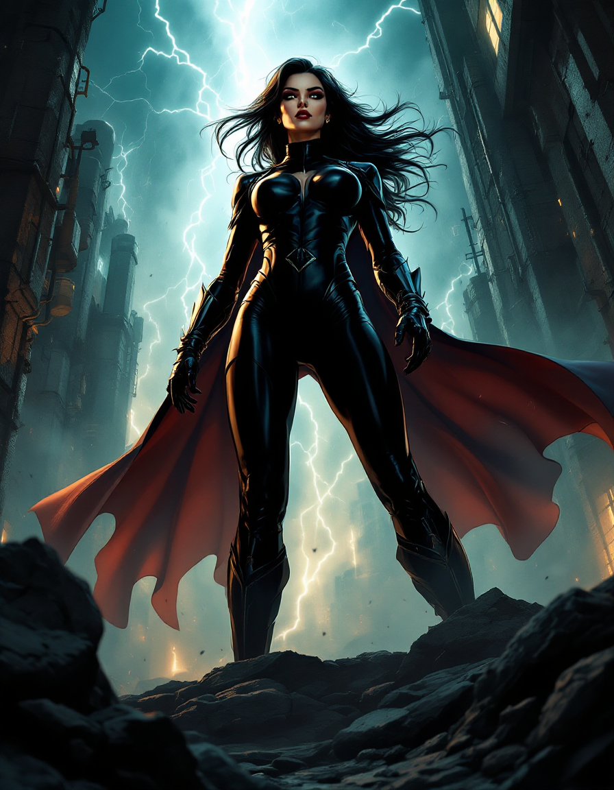 Female comic book superhero in black bodysuit and tattered red cape standing in a ruined city alley under a lightning storm.