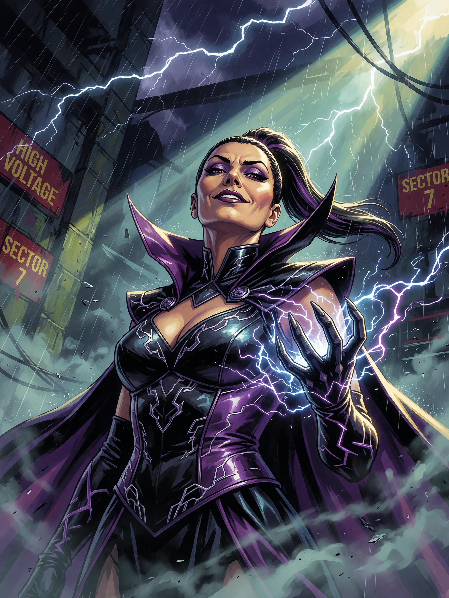Comic-style female supervillain conjuring crackling purple lightning in a stormy high-voltage industrial Sector 7 facility