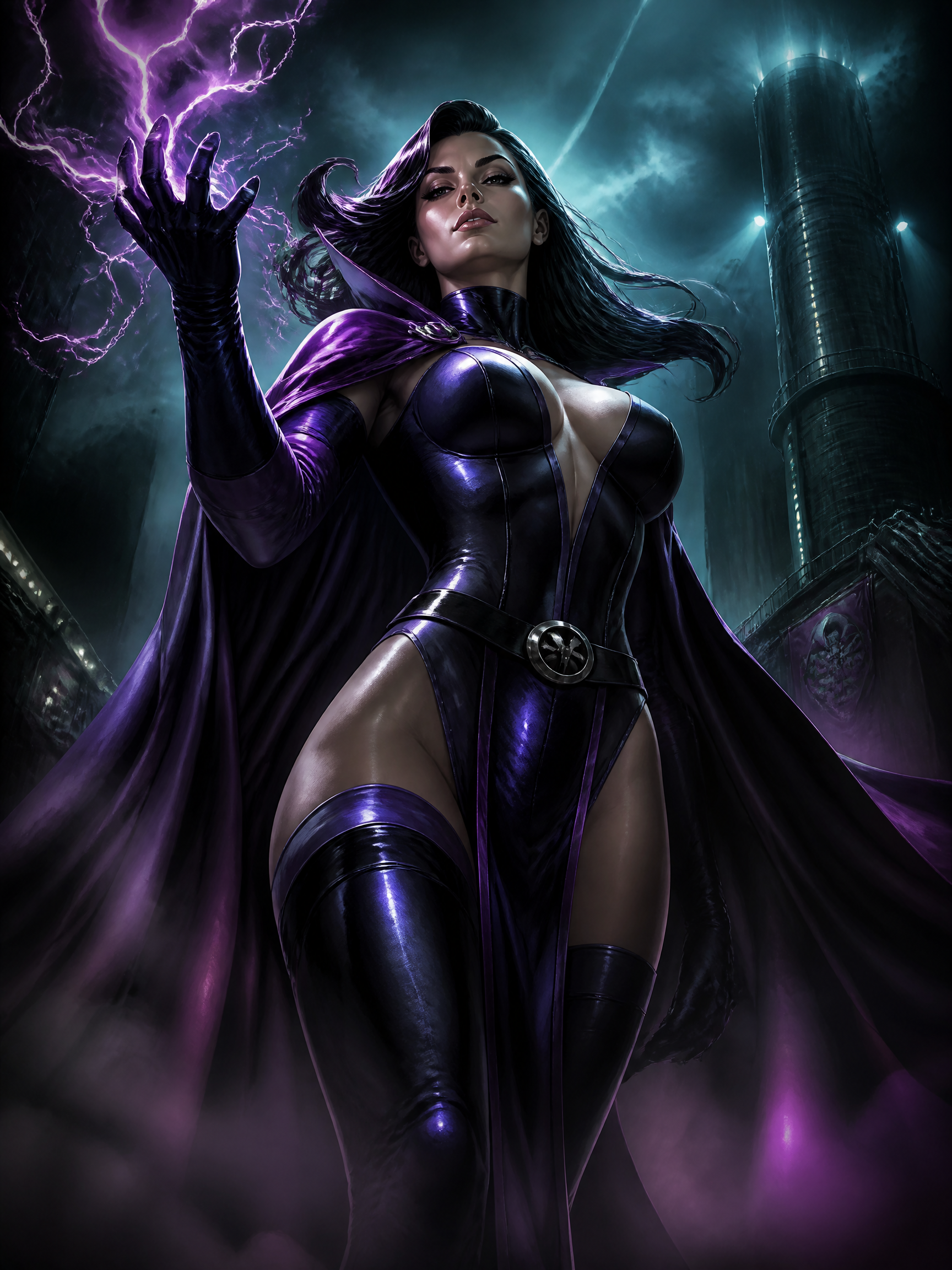 Female comic book sorceress in a purple-black latex superhero suit conjuring purple lightning over a moody dark industrial...