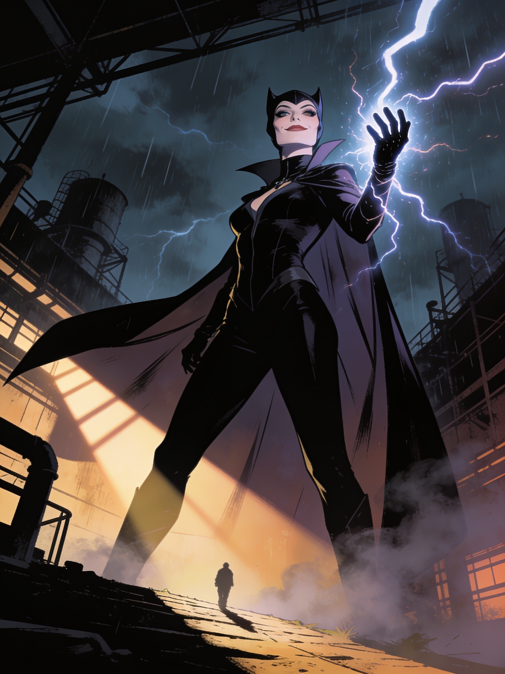 Comic-style female villain in a black cat-eared suit conjures lightning in a stormy abandoned factory, as a lone small sil...