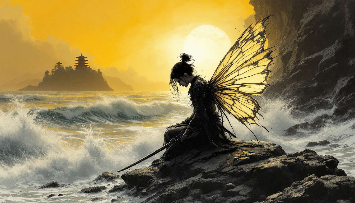 A sorrowful warrior fairy with tattered glowing wings sits bowed on coastal rocks, holding a sword, at golden sunset with ...