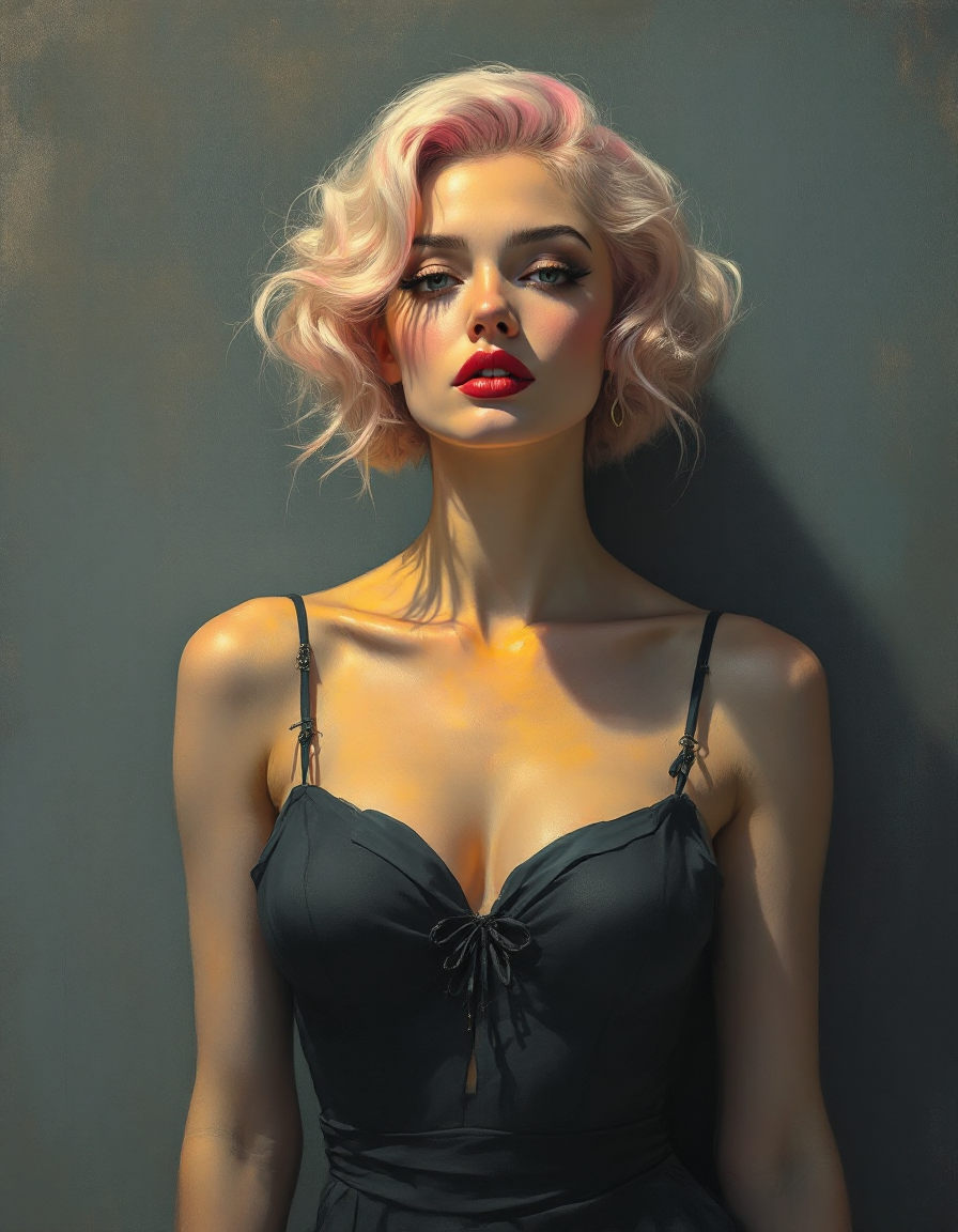 Digital portrait of a woman with short wavy pink-streaked blonde hair, red lipstick, and a black slip dress, lit by dramat...