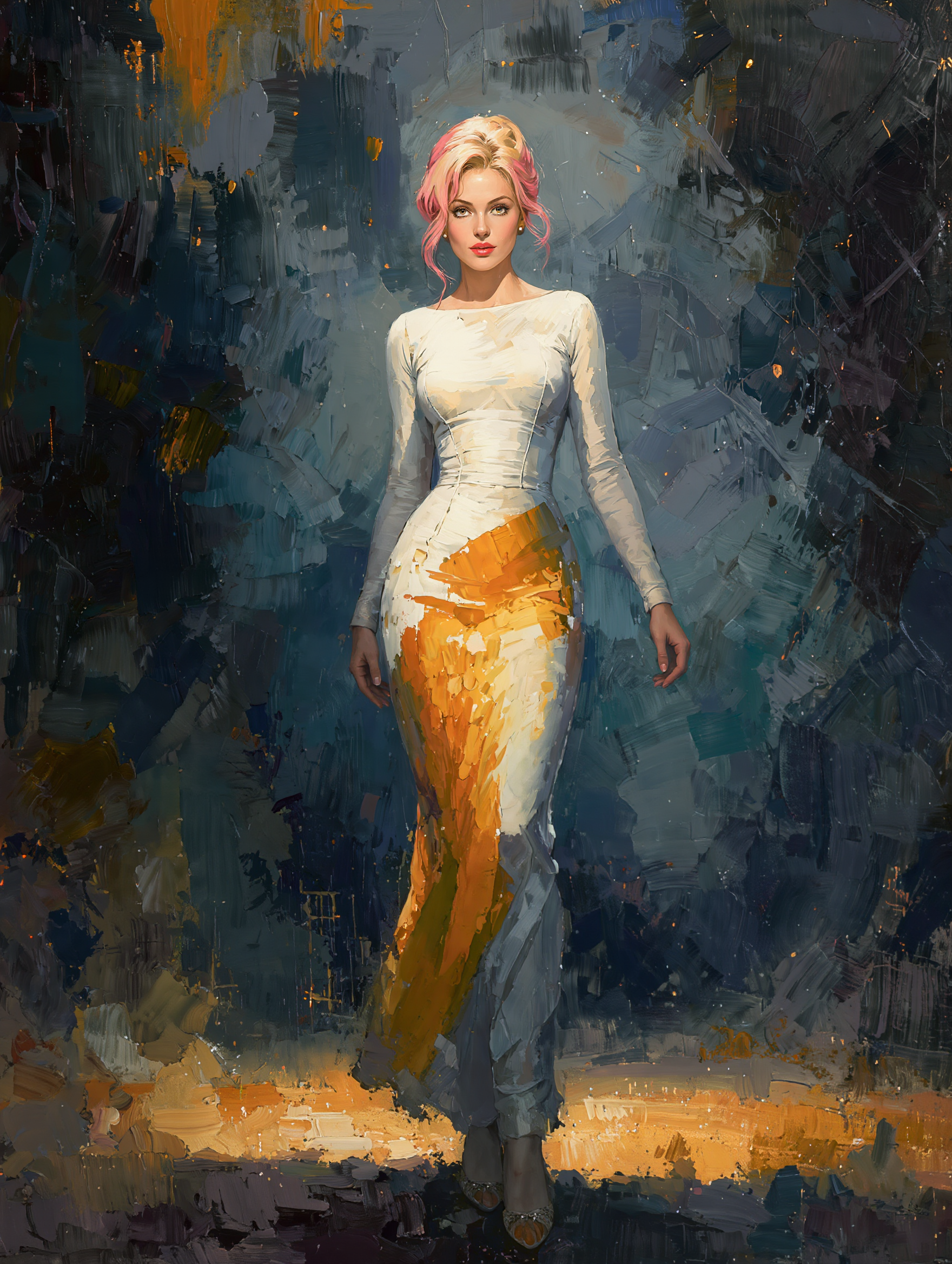 Impressionist oil portrait of a blonde woman with pink hair highlights in a form-fitting gown, standing against a moody ab...