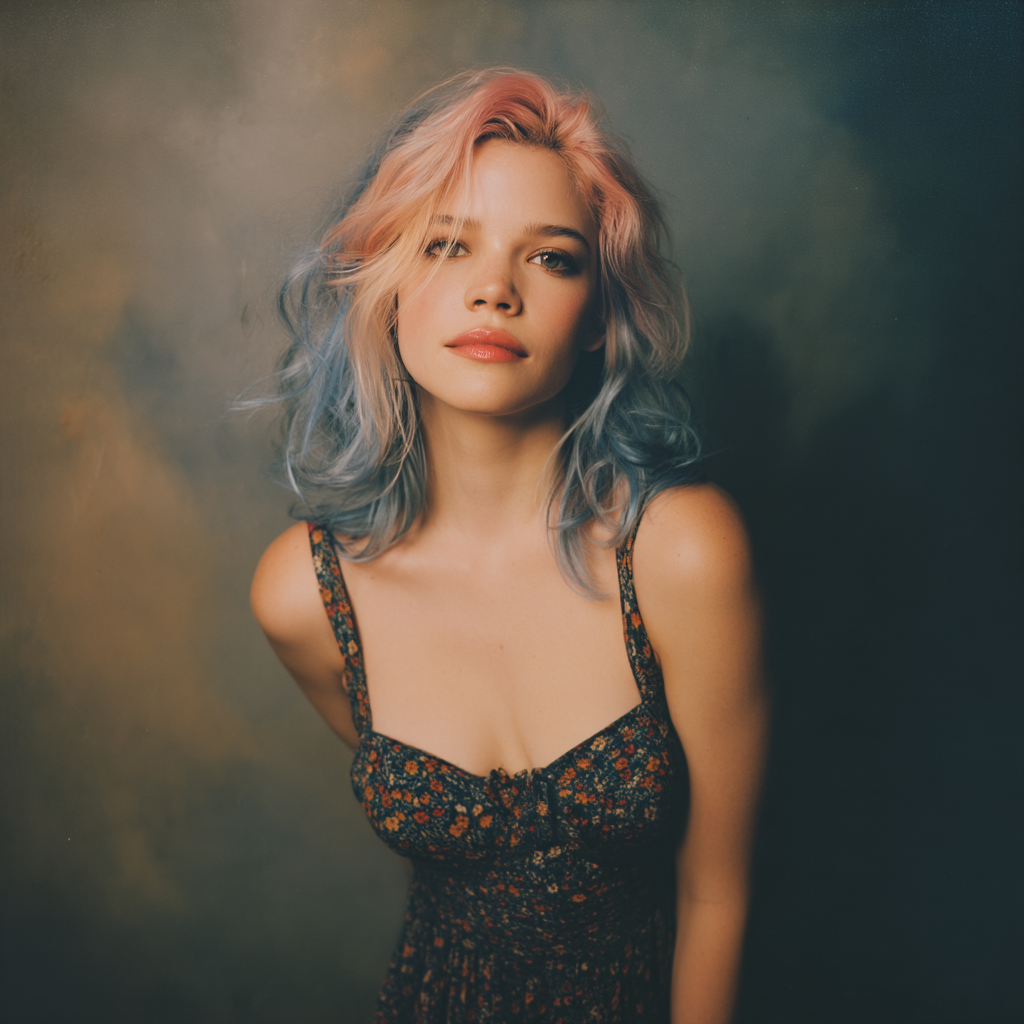 Studio portrait of a woman with wavy pastel pink-to-blue ombre hair in a dark floral sundress against a moody textured bac...