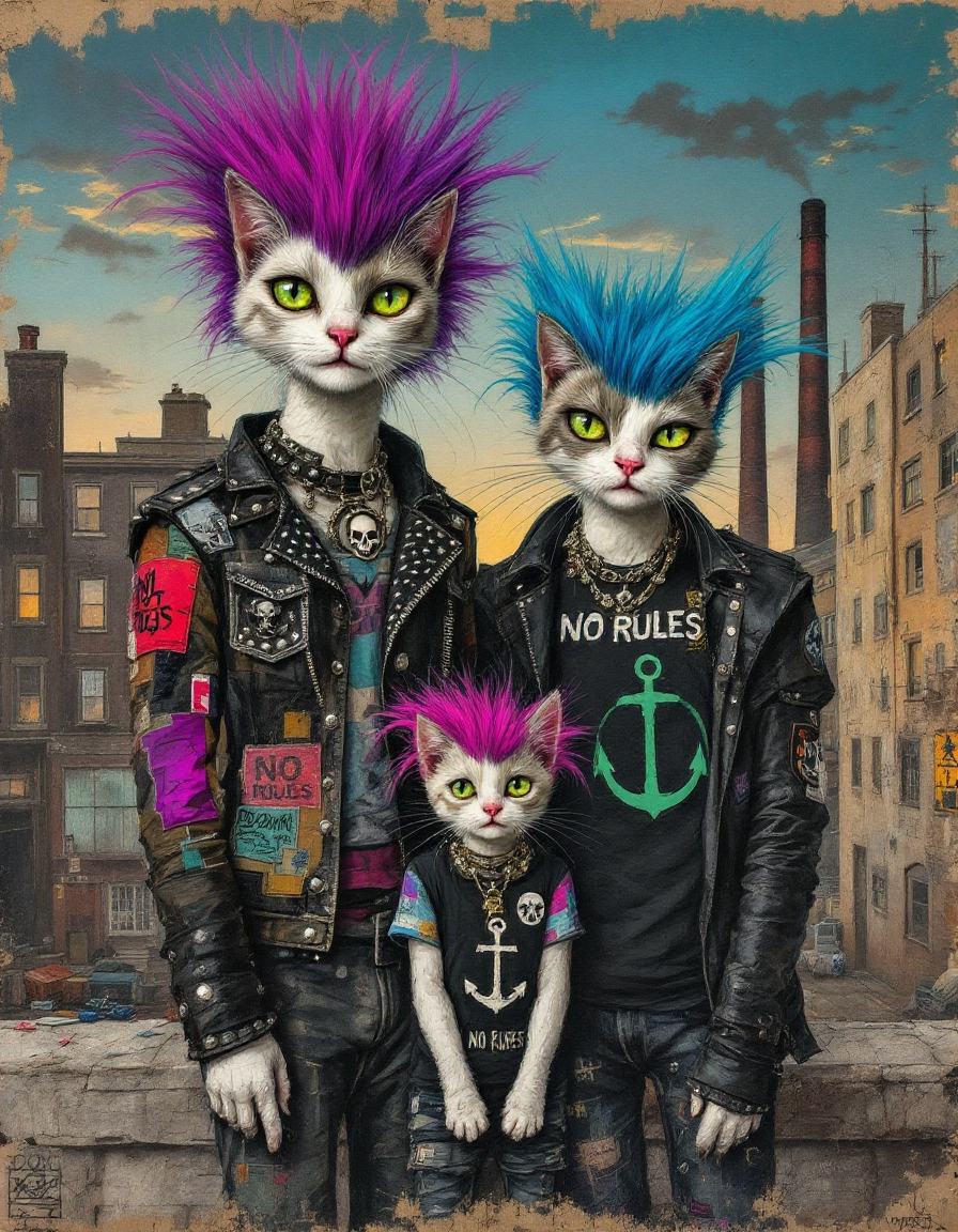 Surreal portrait of a punk cat family with colorful mohawks, standing on a rooftop above a gritty industrial city at sunset