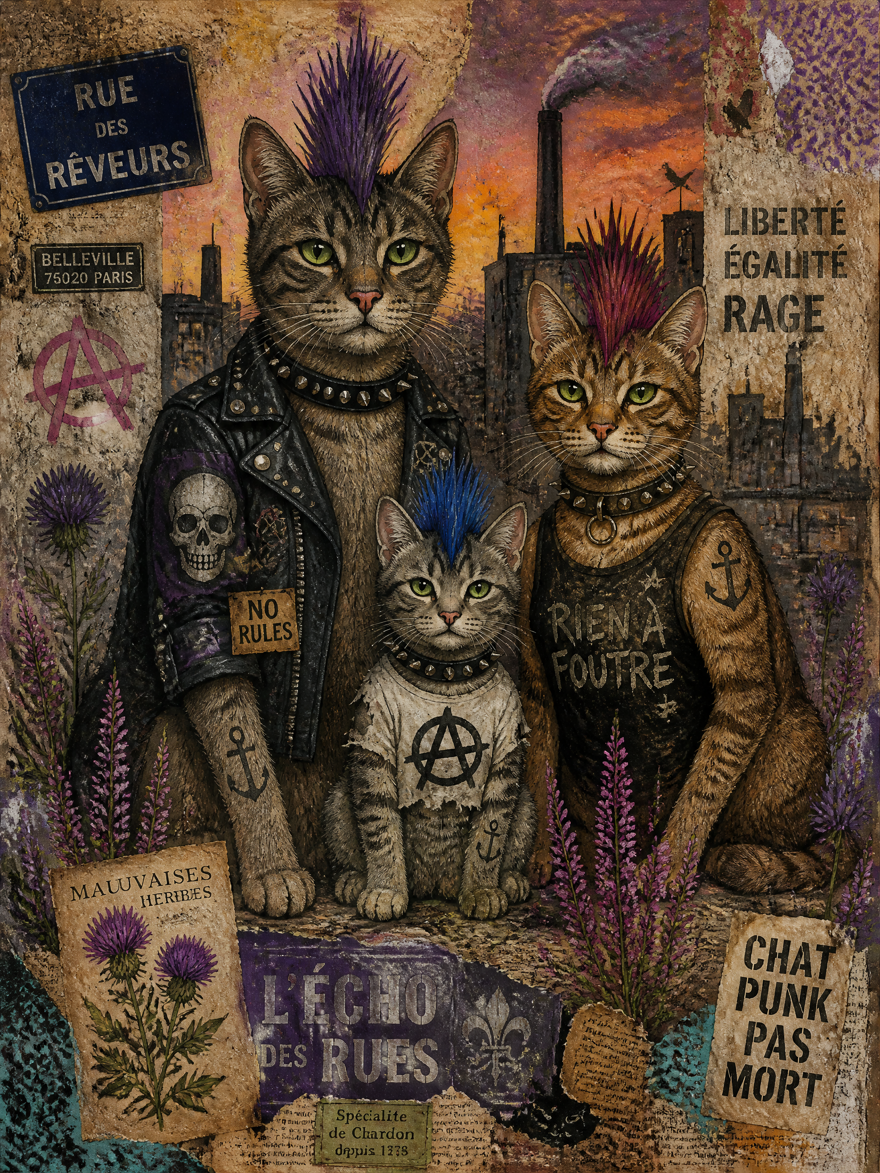 [Three punk tabby cats with colorful mohawks pose together against a gritty distressed Parisian industrial collage backgro...