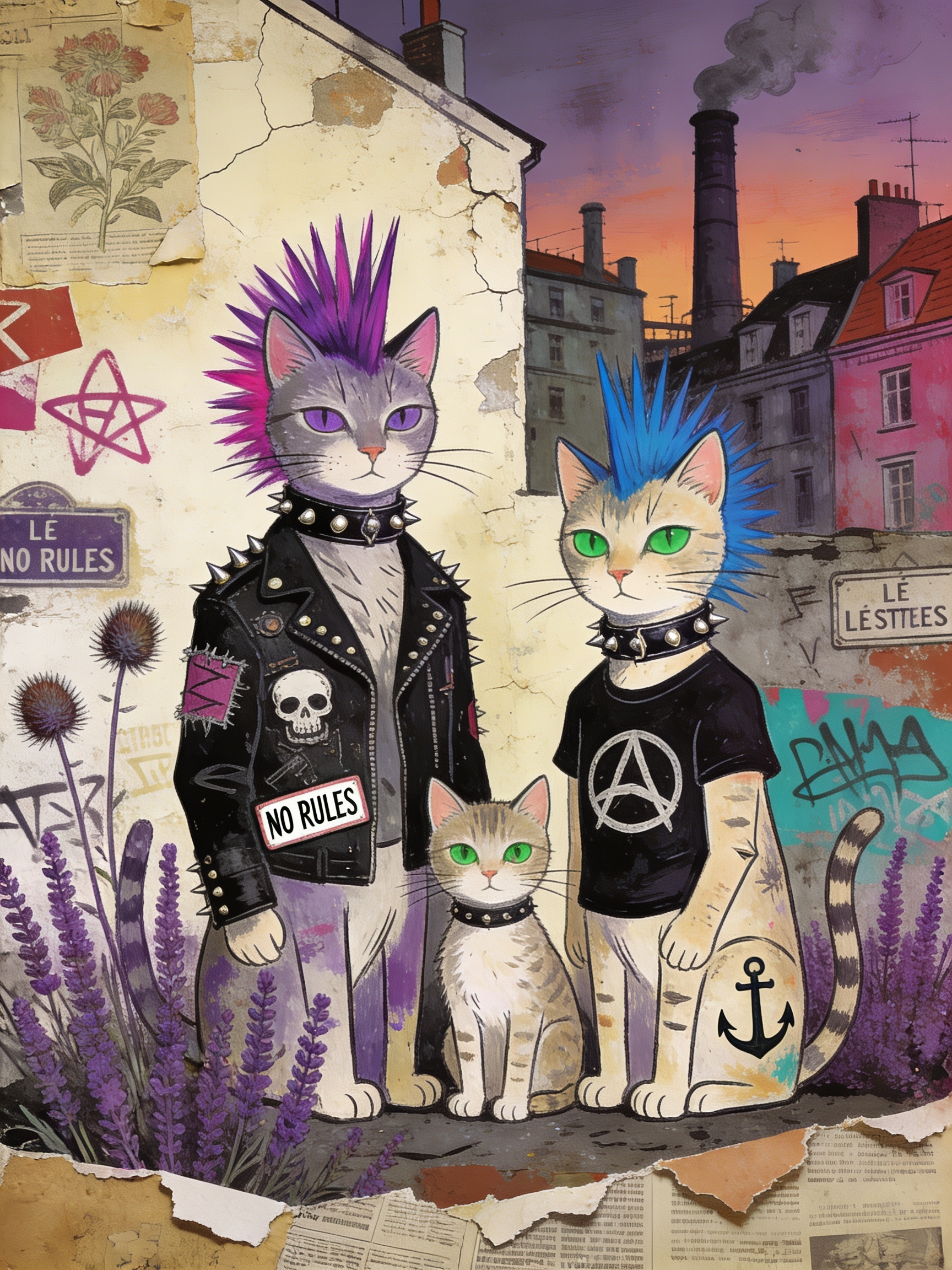 Three anthropomorphic punk cats with mohawks and spiked collars pose in a graffiti-covered urban alley at sunset