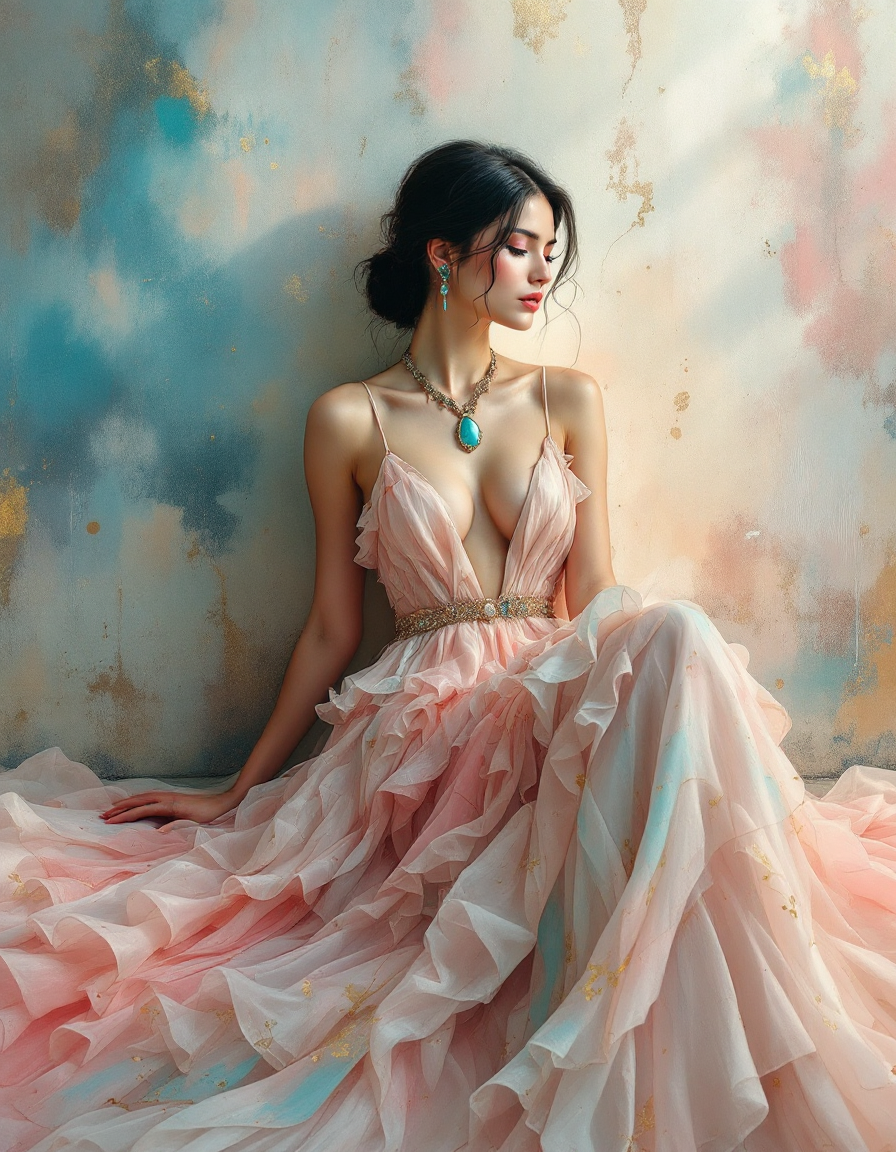 Elegant seated woman in a ruffled pink chiffon gown wears turquoise jewelry against a soft pastel textured wall.