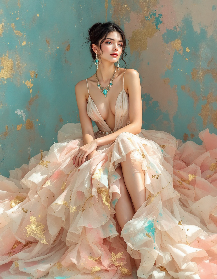 Elegant seated woman in ruffled pastel tulle gown wears turquoise gem jewelry against a textured turquoise and gold painte...