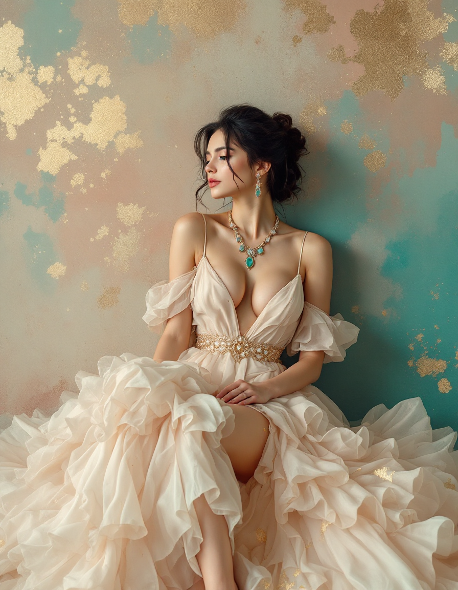 Poised elegant woman in ruffled cream evening gown with turquoise jewelry sits against a pastel textured abstract wall.