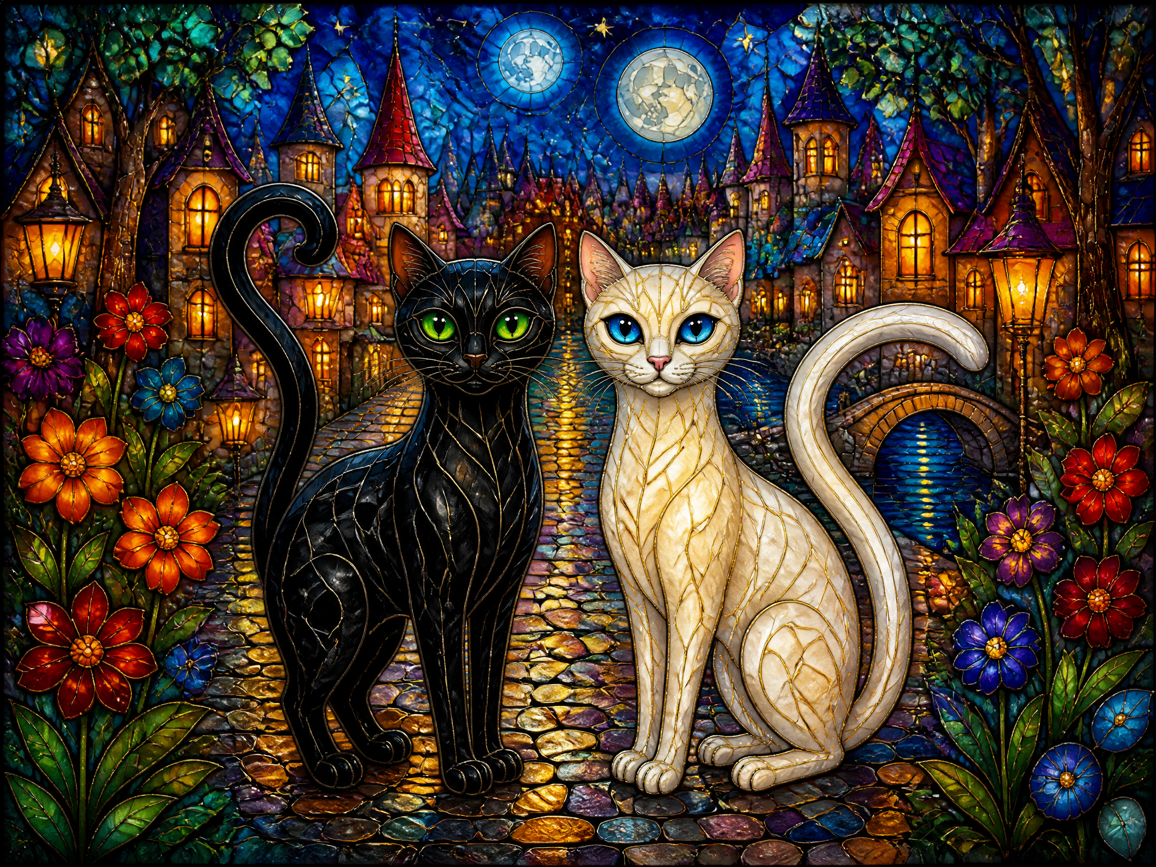 Stained glass illustration of black and white cats sitting on a moonlit fairytale village cobblestone path