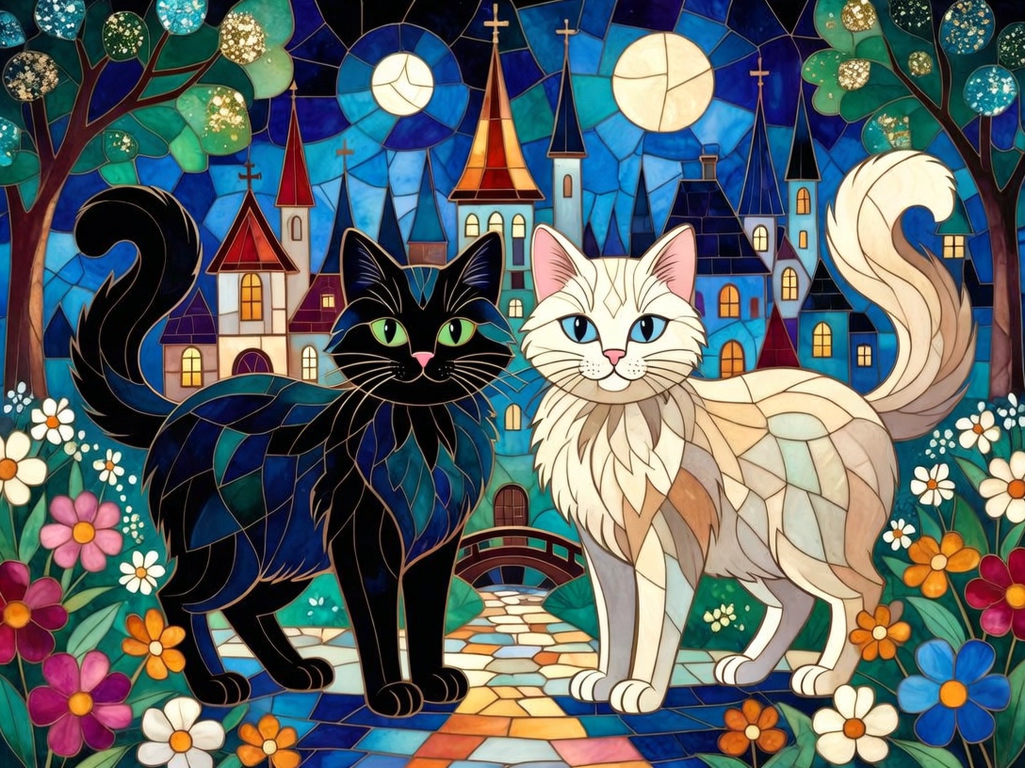 Stained glass illustration of a black longhair cat and cream longhair cat standing before a moonlit fairy tale town