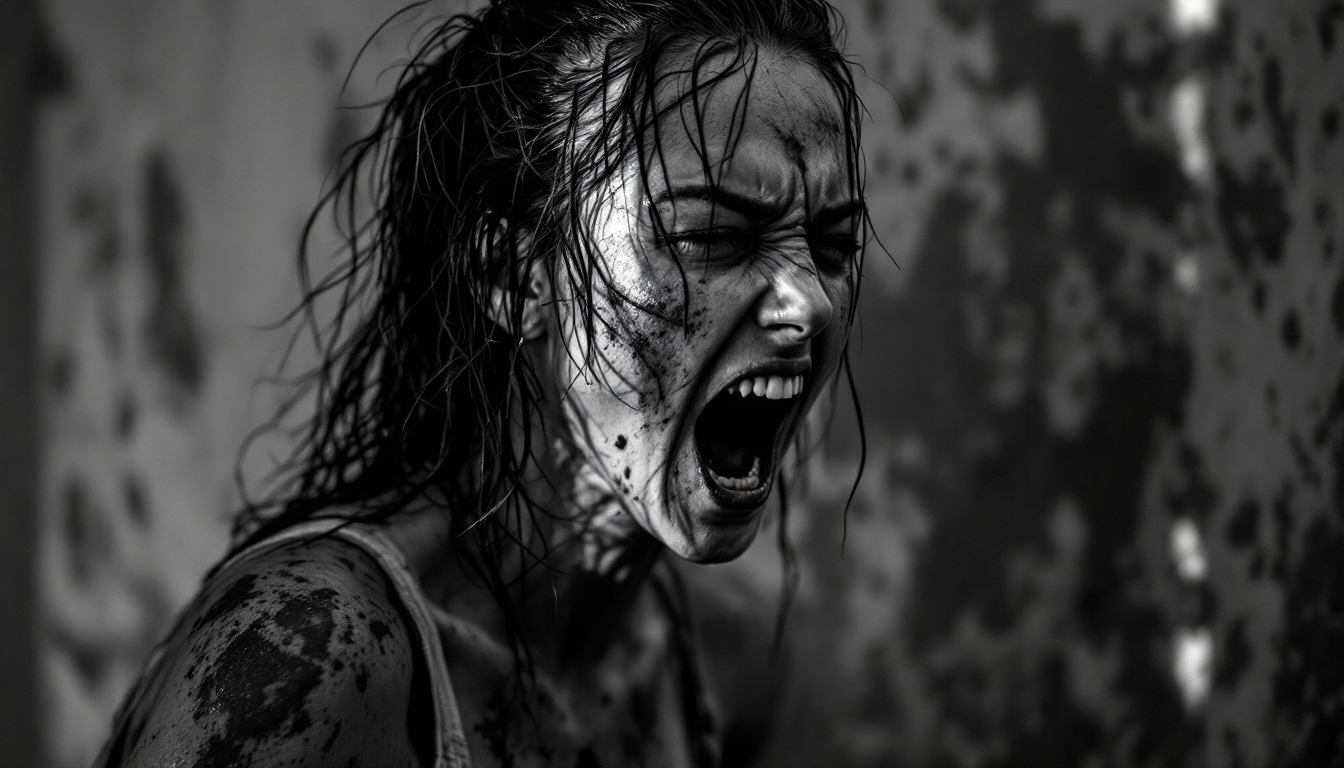 Black and white close-up portrait of a disheveled, mud-splattered woman screaming with intense anguish against a stained b...