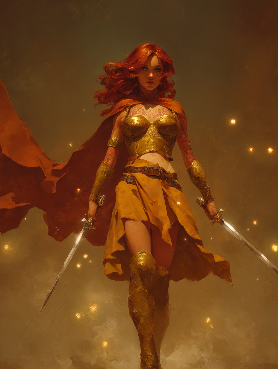 Fierce red-haired female fantasy warrior in golden armor holds two swords, billowing orange cape, warm ember-strewn hazy b...
