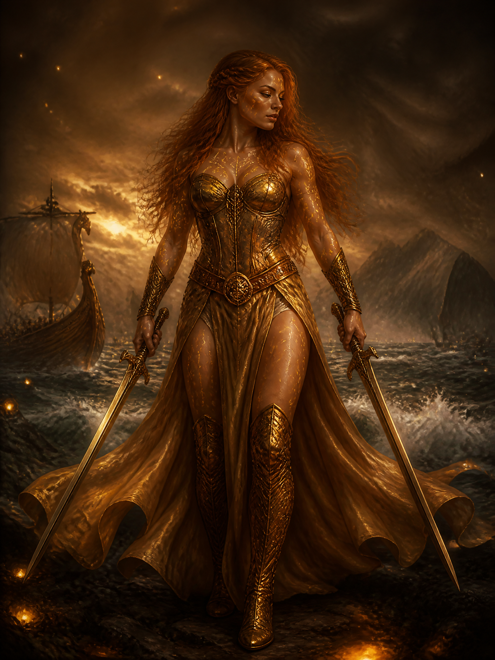 [Red-haired Norse shieldmaiden in golden armor holds two swords, standing on a stormy shore with a viking longship at gold...