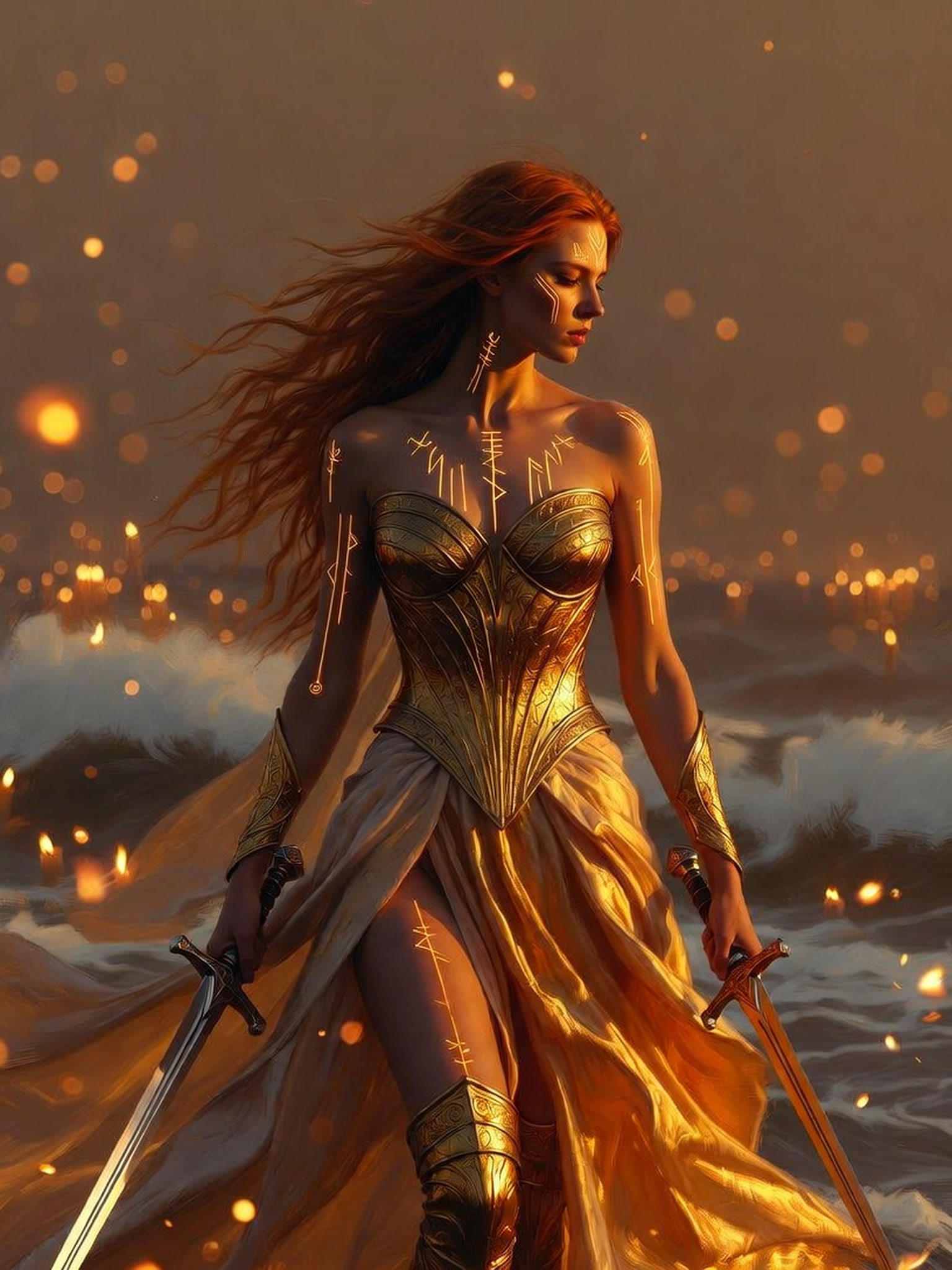 Red-haired fantasy warrior with glowing rune markings holds two swords on a misty golden lit shore