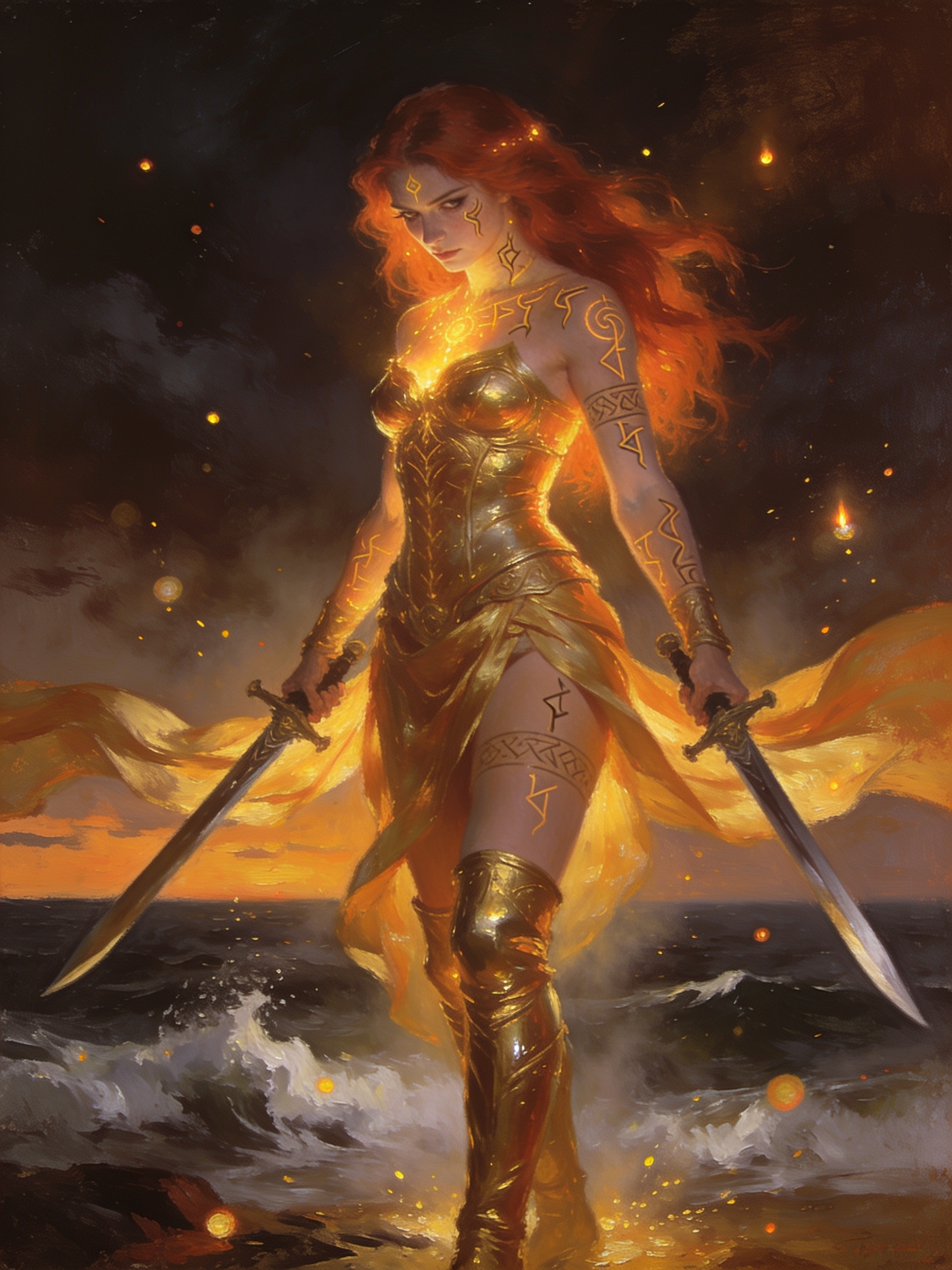 Glowing rune-marked redhead fantasy warrior in golden armor holds dual swords on a stormy ocean shore at dusk